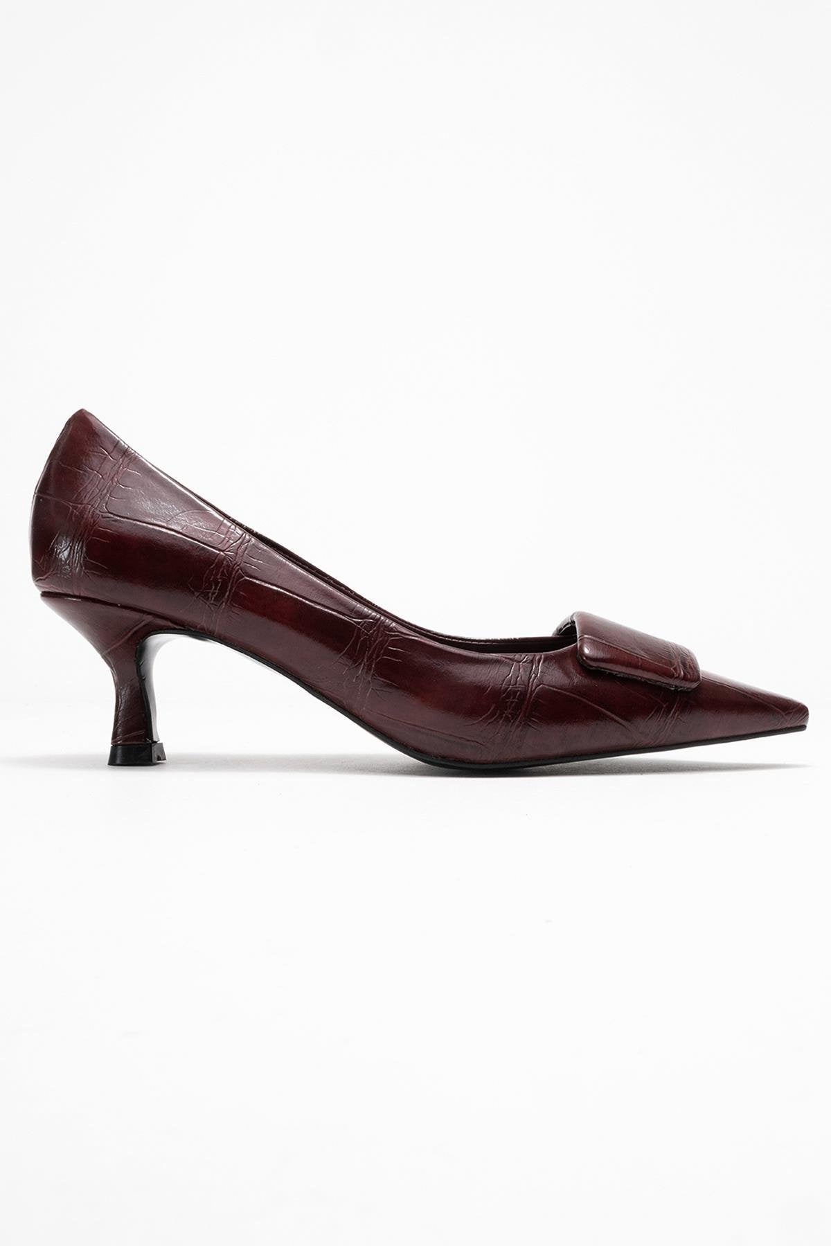Marcia - Burgundy Printed Buckle Stiletto Heeled Shoe – top view showing leather, SimmiUnique
