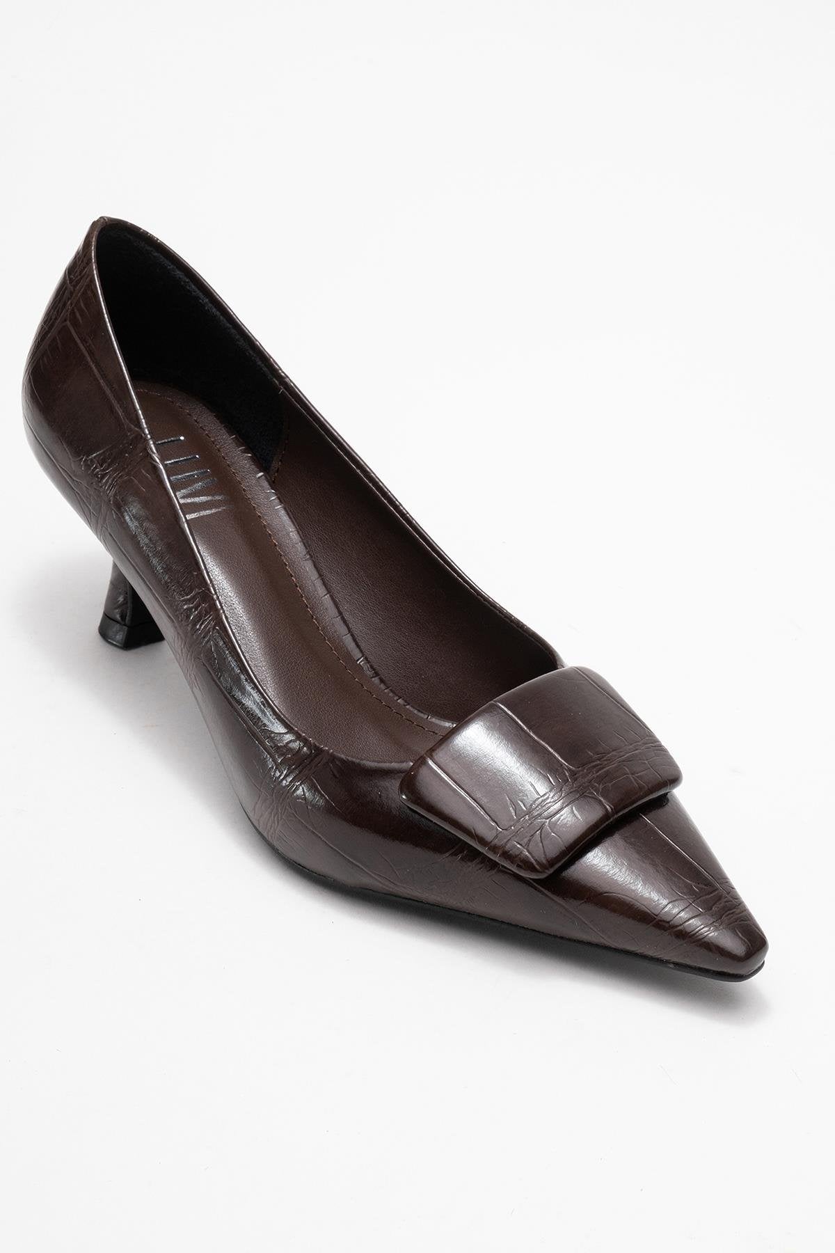 Marcia - Brown Embossed Buckle Stiletto Heel Shoe – detail view showing leather, red, SimmiUnique