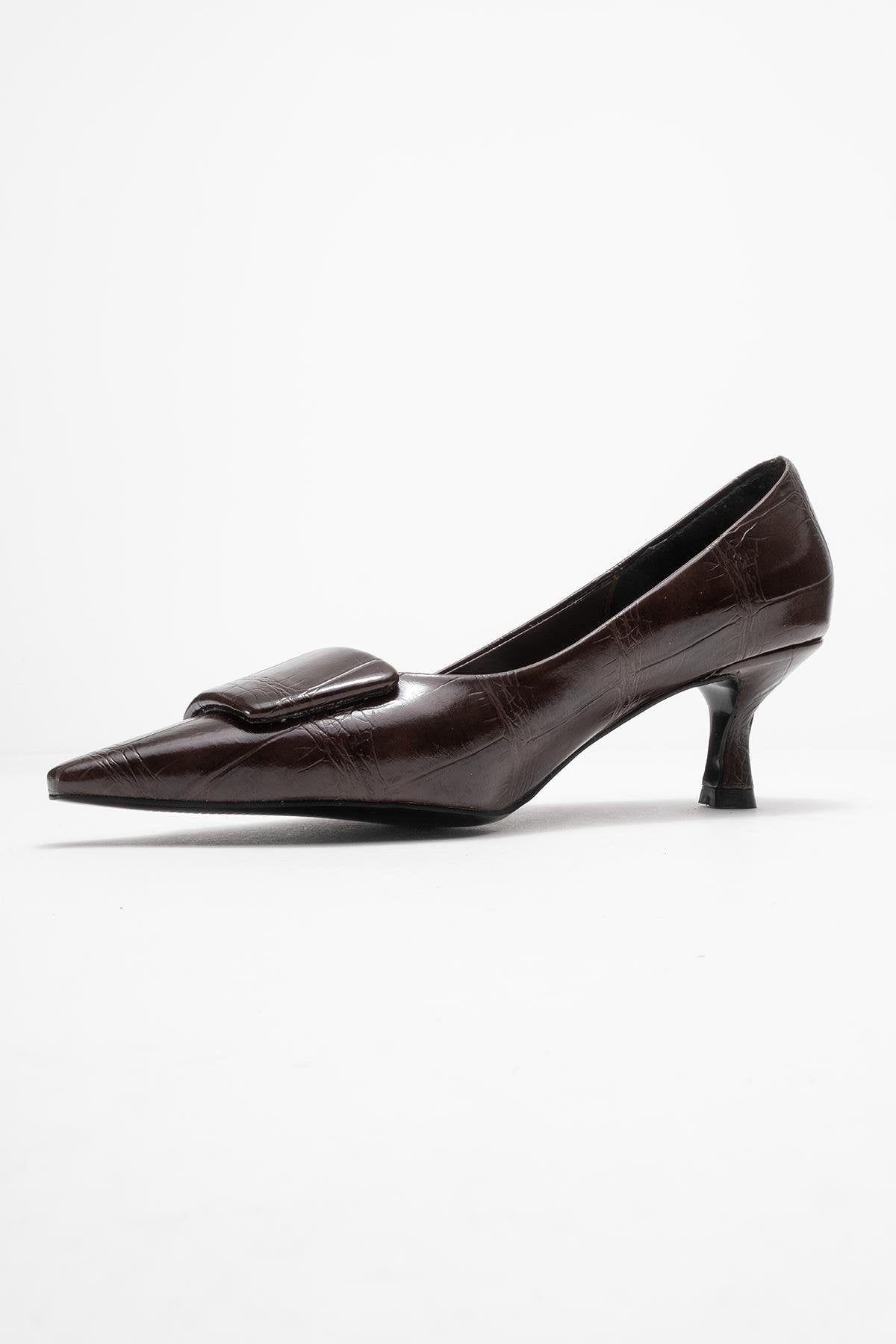 Marcia - Brown Embossed Buckle Stiletto Heel Shoe – heel view showing leather, red, SimmiUnique