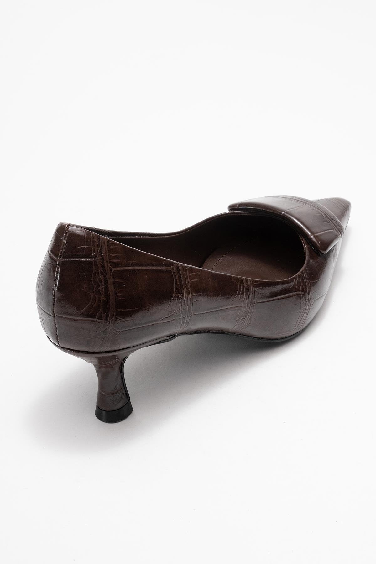 Marcia - Brown Embossed Buckle Stiletto Heel Shoe – back view showing leather, red, SimmiUnique