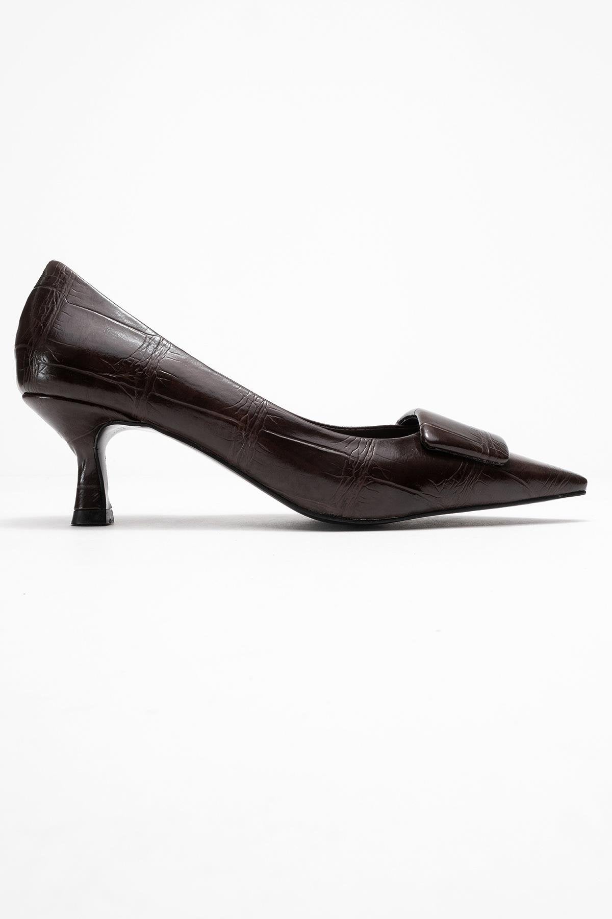 Marcia - Brown Embossed Buckle Stiletto Heel Shoe – top view showing leather, red, SimmiUnique
