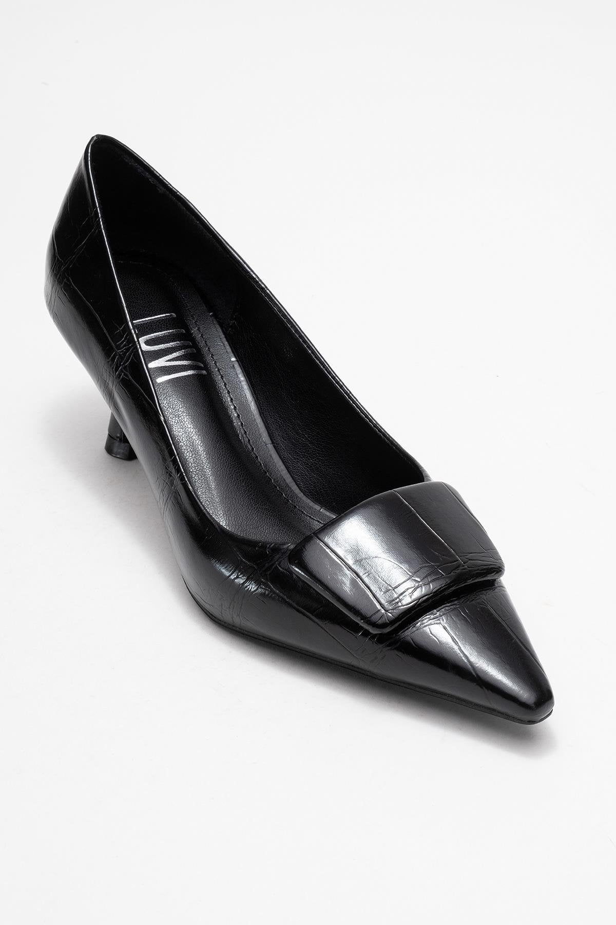 Marcia - Black Embossed Buckle Stiletto Heel Shoe – detail view showing leather, black, SimmiUnique