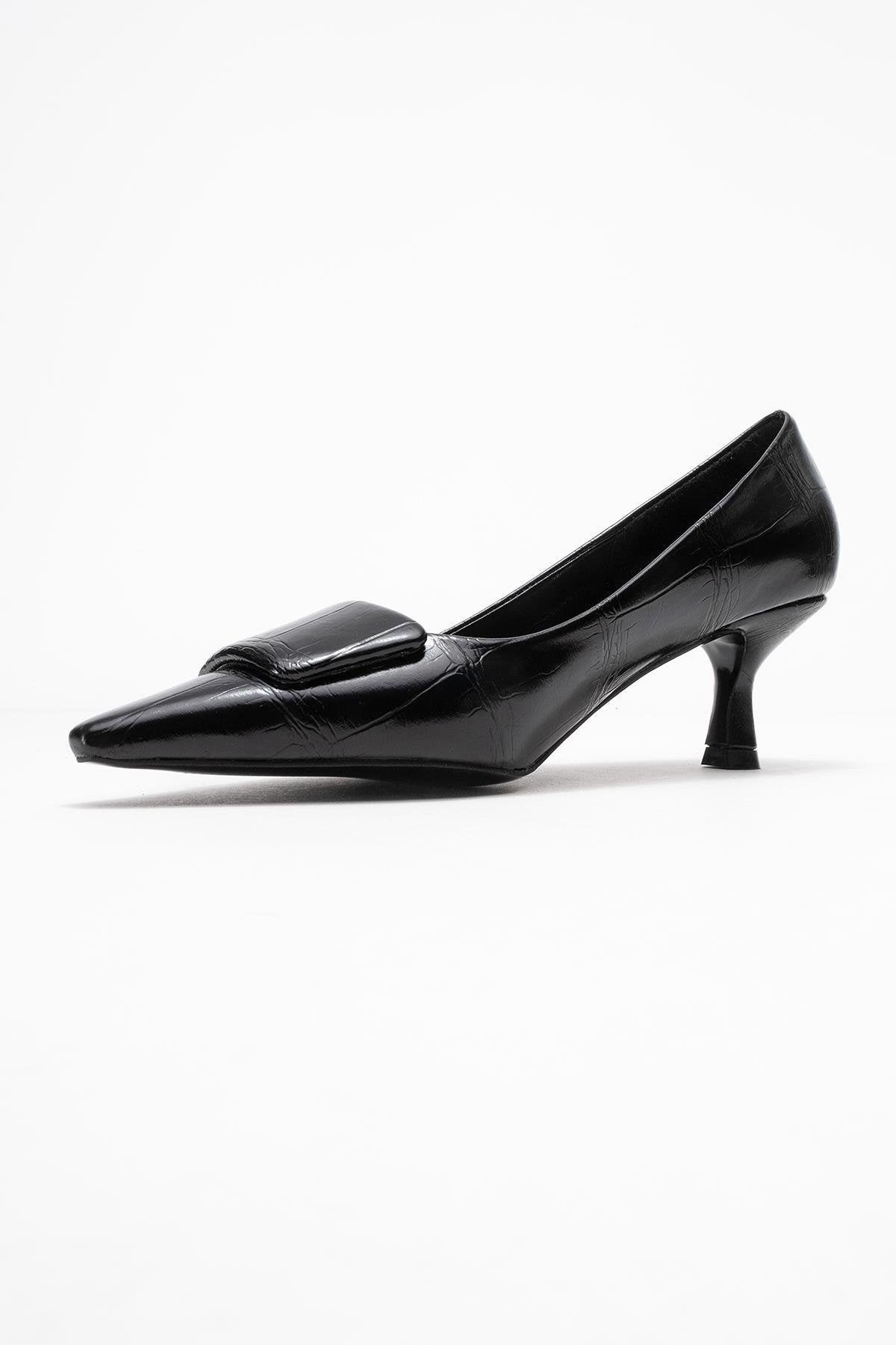 Marcia - Black Embossed Buckle Stiletto Heel Shoe – heel view showing leather, black, SimmiUnique