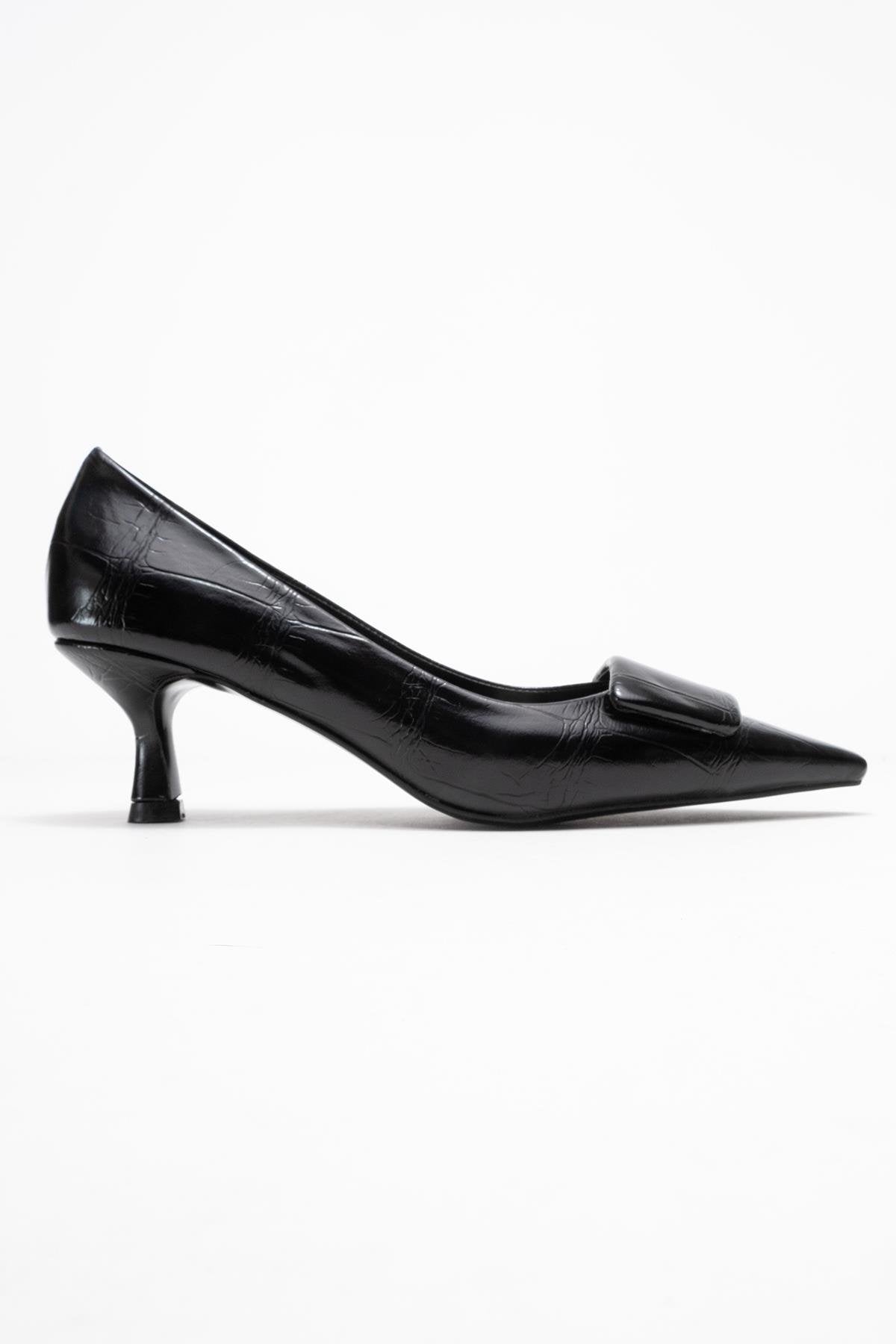 Marcia - Black Embossed Buckle Stiletto Heel Shoe – top view showing leather, black, SimmiUnique