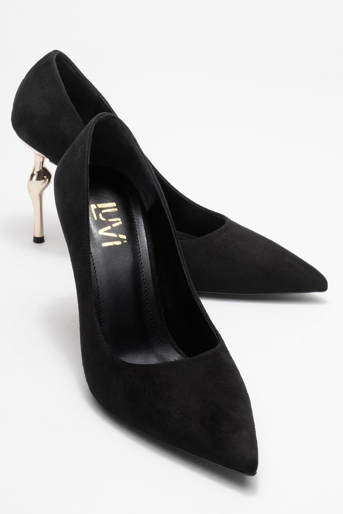Hudson - Black Heeled Shoe – front three-quarter view showing leather, suede, metallic, SimmiUnique