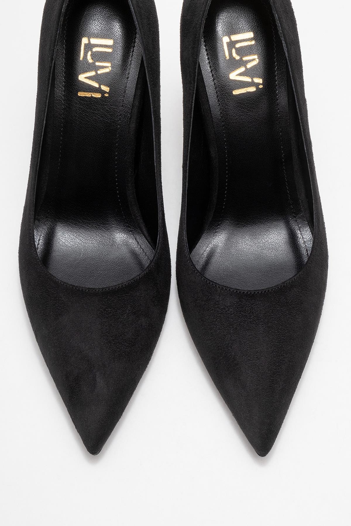Hudson - Black Heeled Shoe – side view showing leather, suede, metallic, SimmiUnique