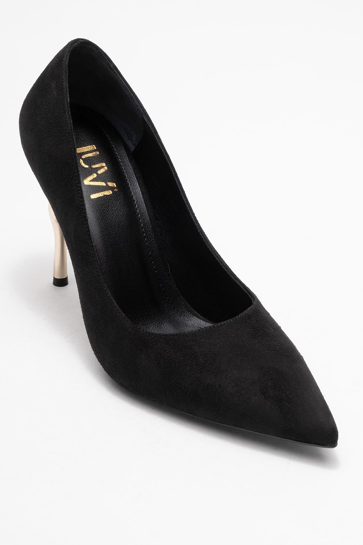 Hudson - Black Heeled Shoe – detail view showing leather, suede, metallic, SimmiUnique