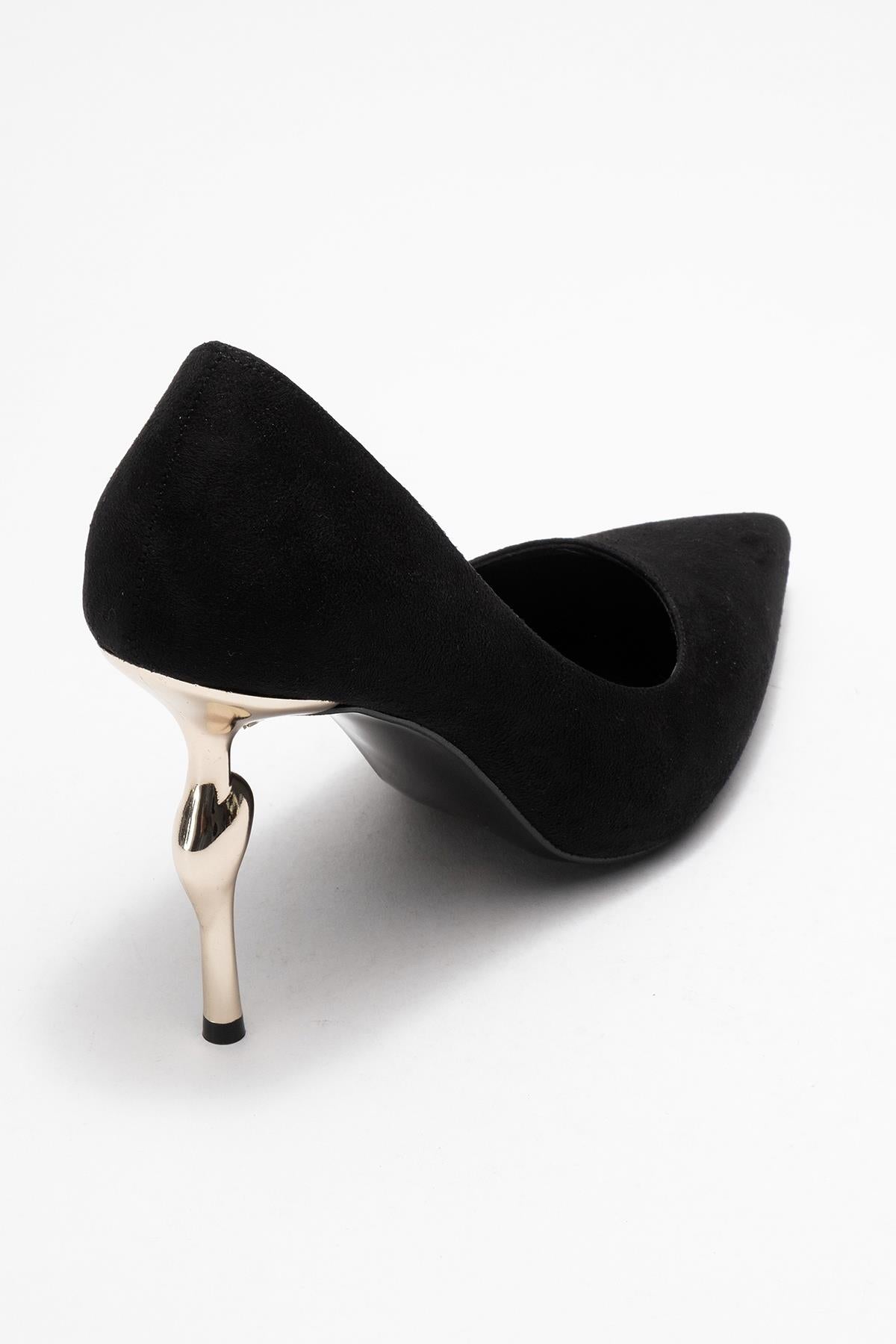 Hudson - Black Heeled Shoe – heel view showing leather, suede, metallic, SimmiUnique