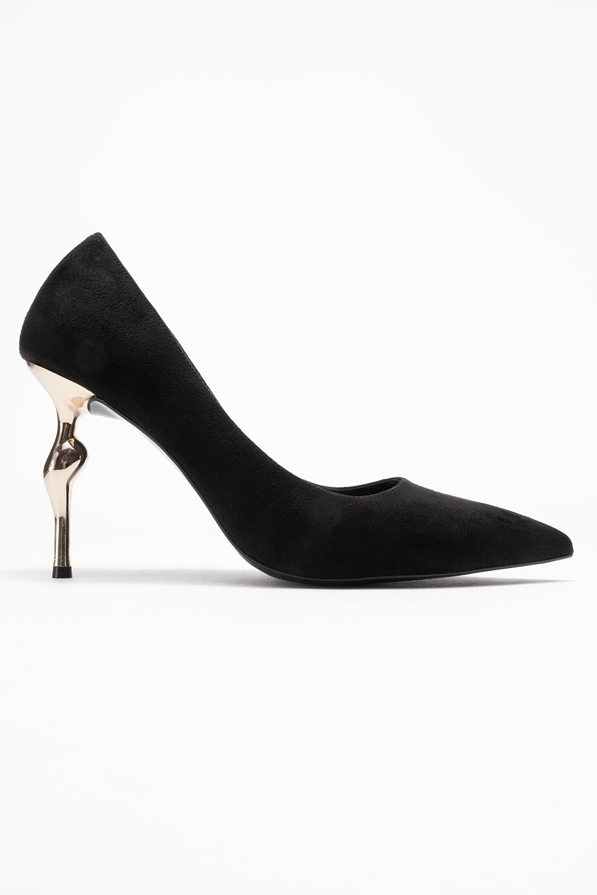 Hudson - Black Heeled Shoe – top view showing leather, suede, metallic, SimmiUnique