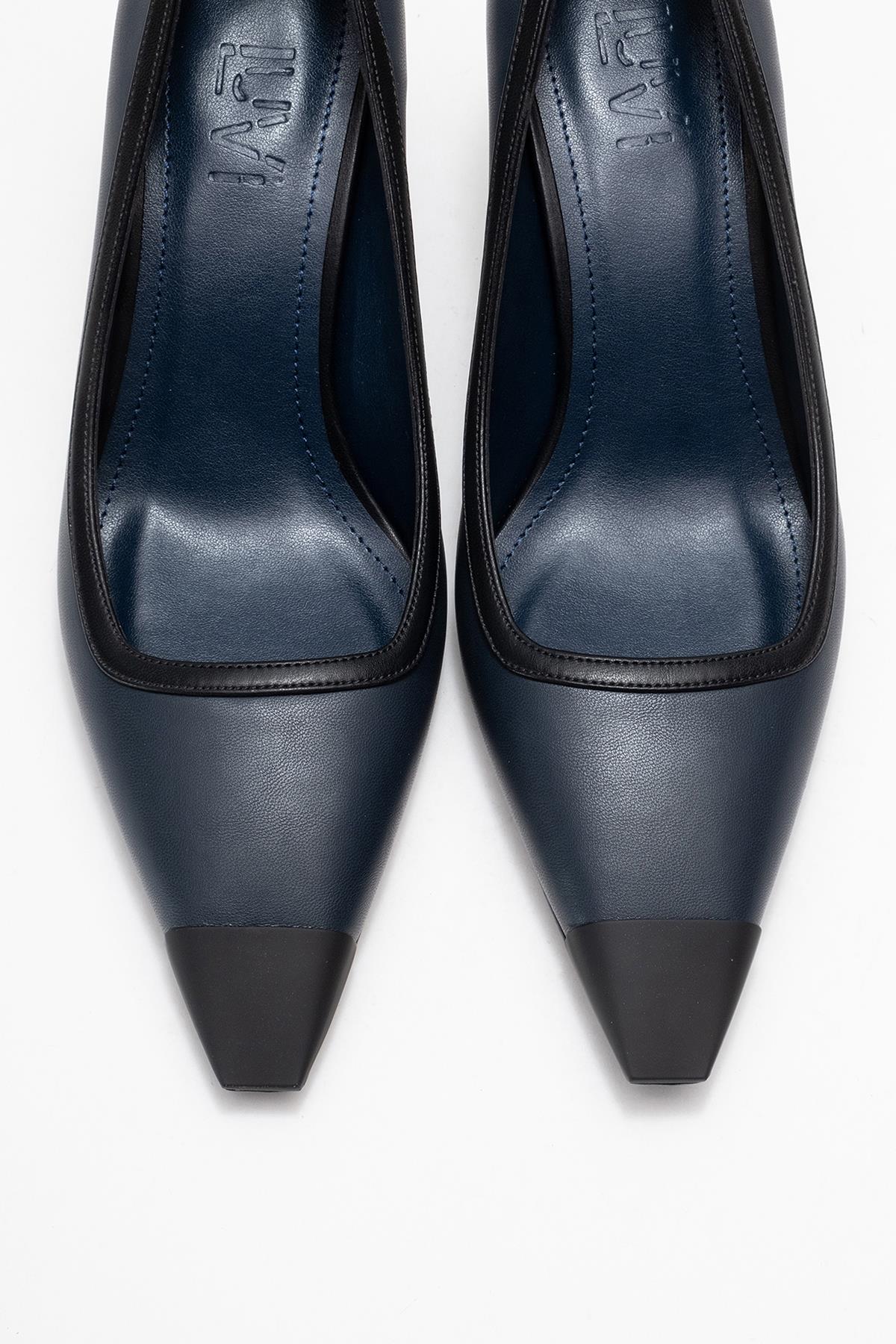 Rona - Navy Matte Toe Heeled Shoe – side view showing leather, SimmiUnique