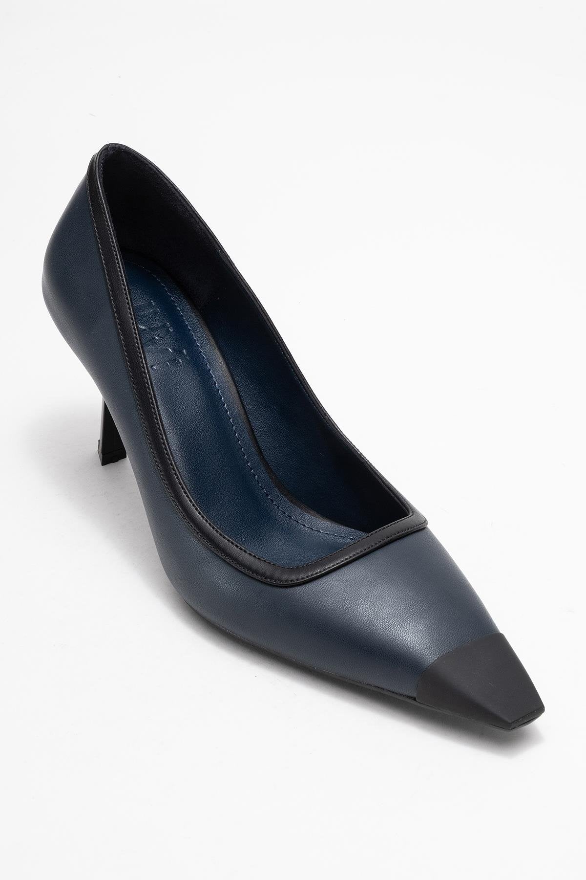 Rona - Navy Matte Toe Heeled Shoe – detail view showing leather, SimmiUnique