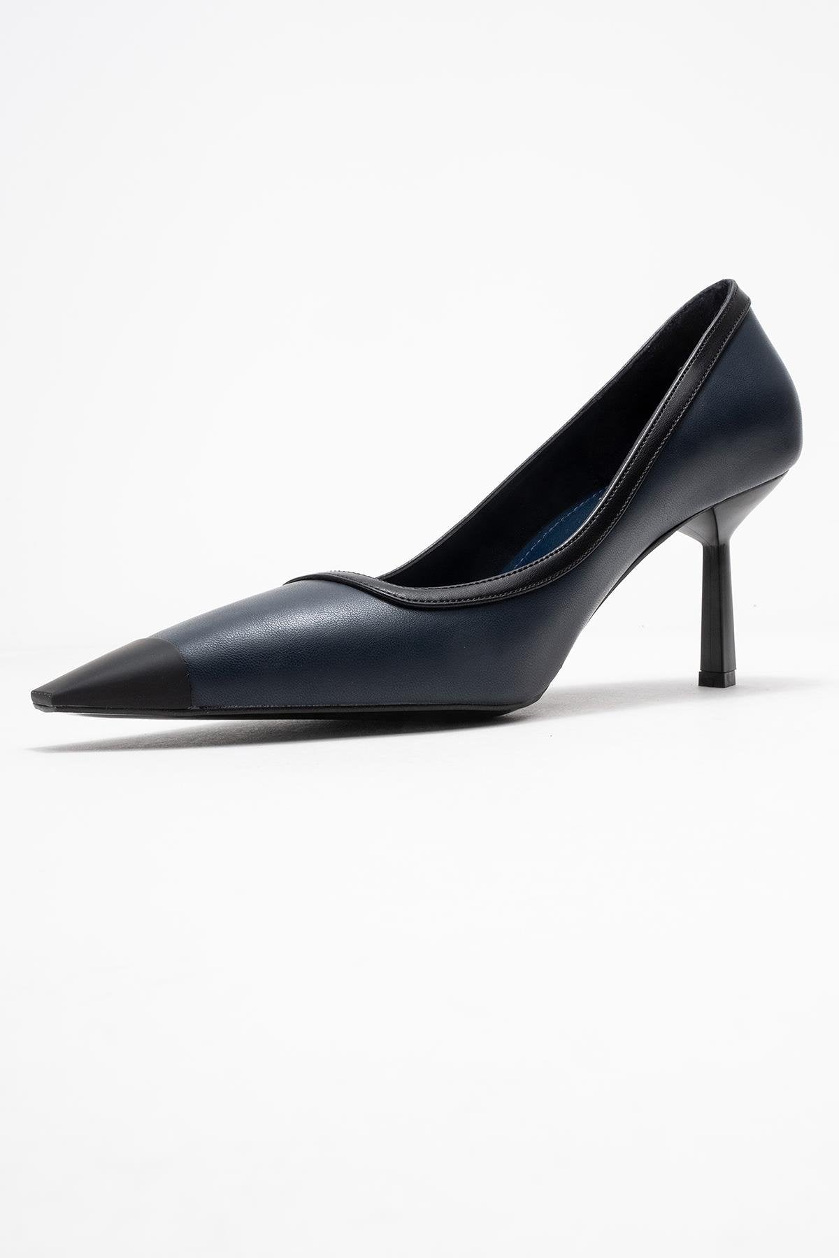 Rona - Navy Matte Toe Heeled Shoe – heel view showing leather, SimmiUnique