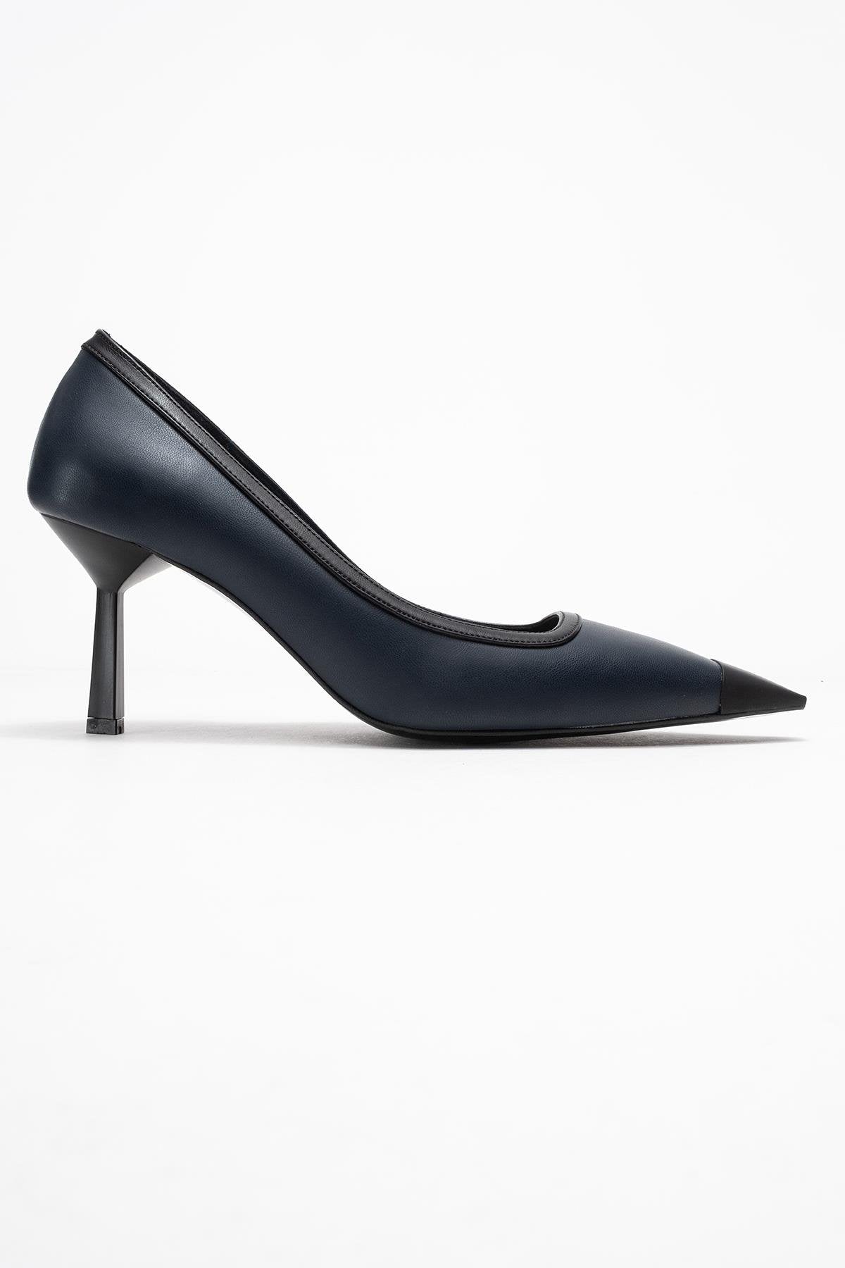 Rona - Navy Matte Toe Heeled Shoe – top view showing leather, SimmiUnique