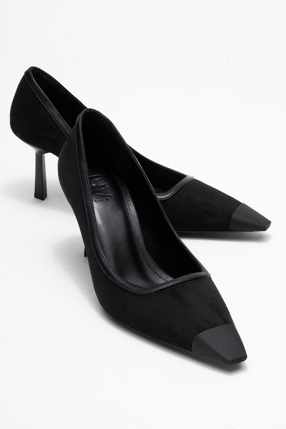 Rona - Black Matte Toe Heeled Shoe – front three-quarter view showing leather, suede, black, SimmiUnique