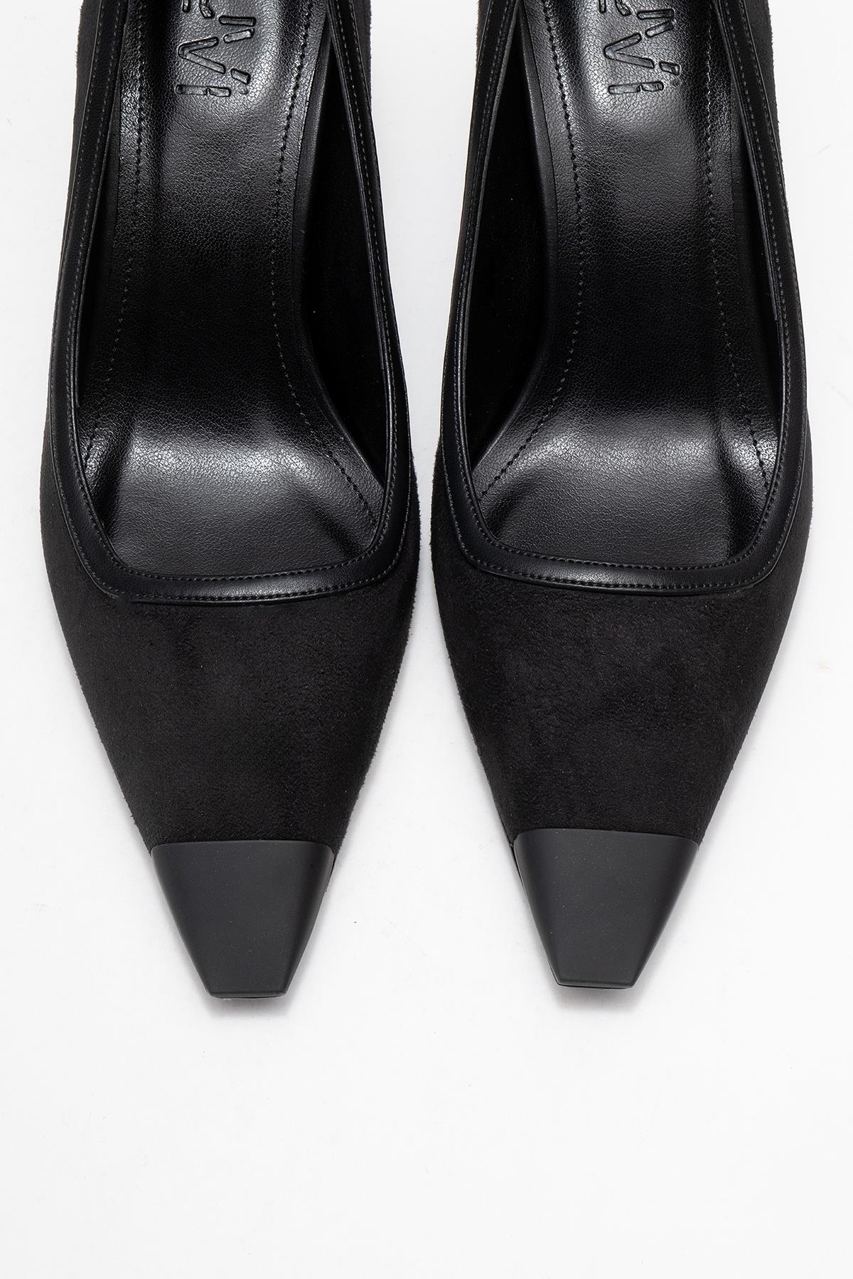 Rona - Black Matte Toe Heeled Shoe – side view showing leather, suede, black, SimmiUnique