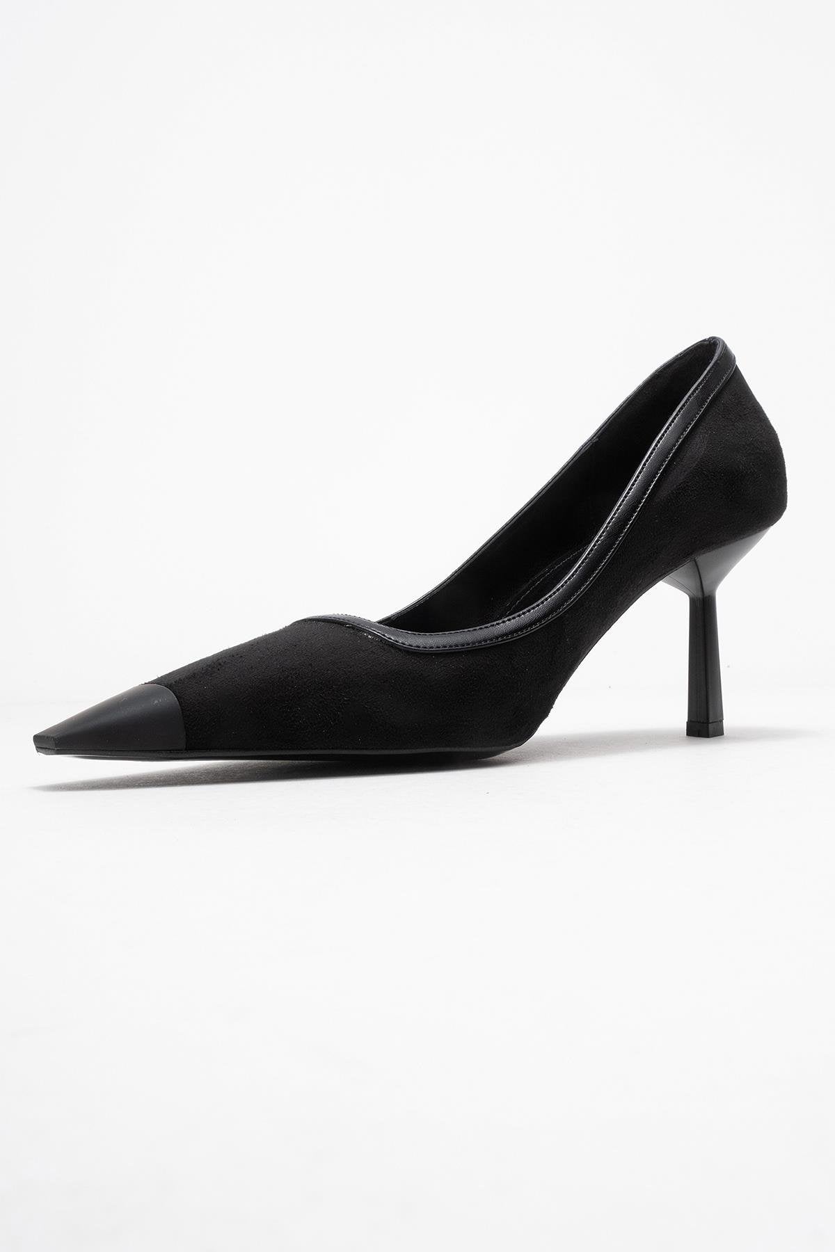 Rona - Black Matte Toe Heeled Shoe – heel view showing leather, suede, black, SimmiUnique