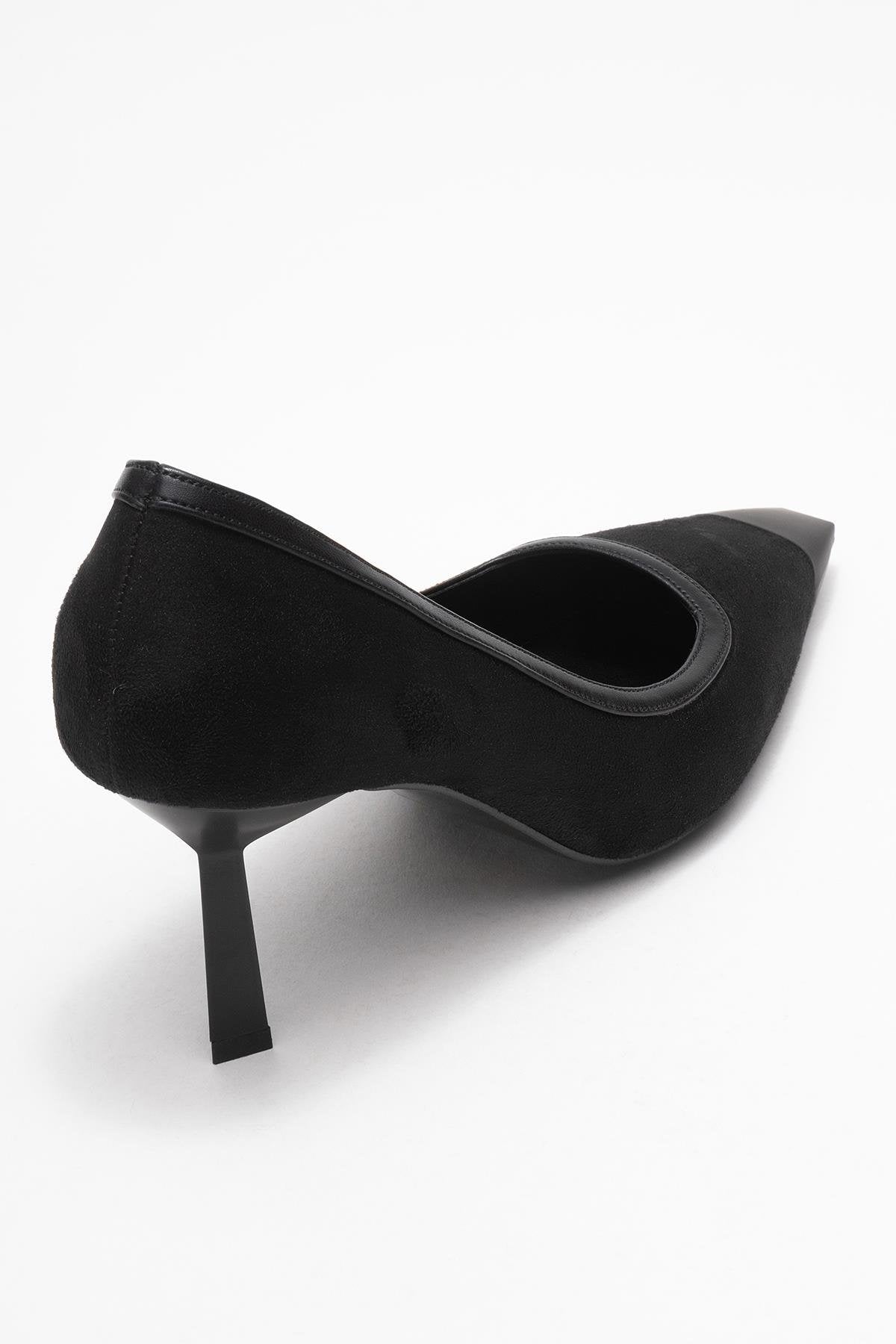 Rona - Black Matte Toe Heeled Shoe – back view showing leather, suede, black, SimmiUnique