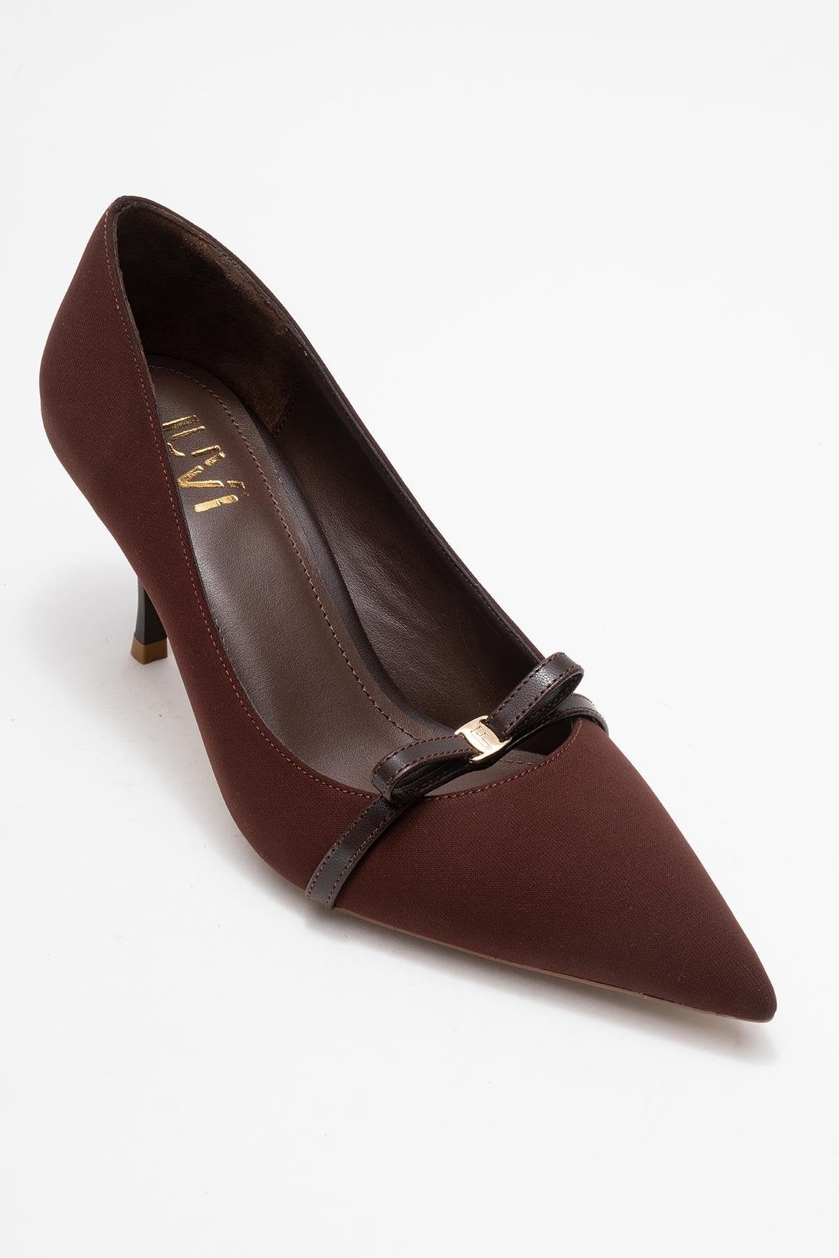 Annie - Brown Bow Heeled Shoe – detail view showing bow, leather, SimmiUnique