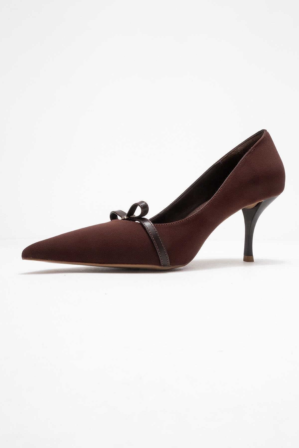 Annie - Brown Bow Heeled Shoe – heel view showing bow, leather, SimmiUnique