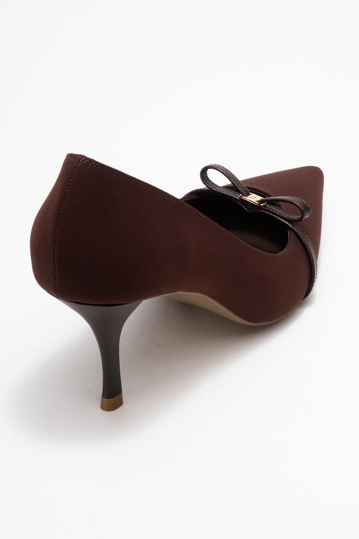 Annie - Brown Bow Heeled Shoe – back view showing bow, leather, SimmiUnique