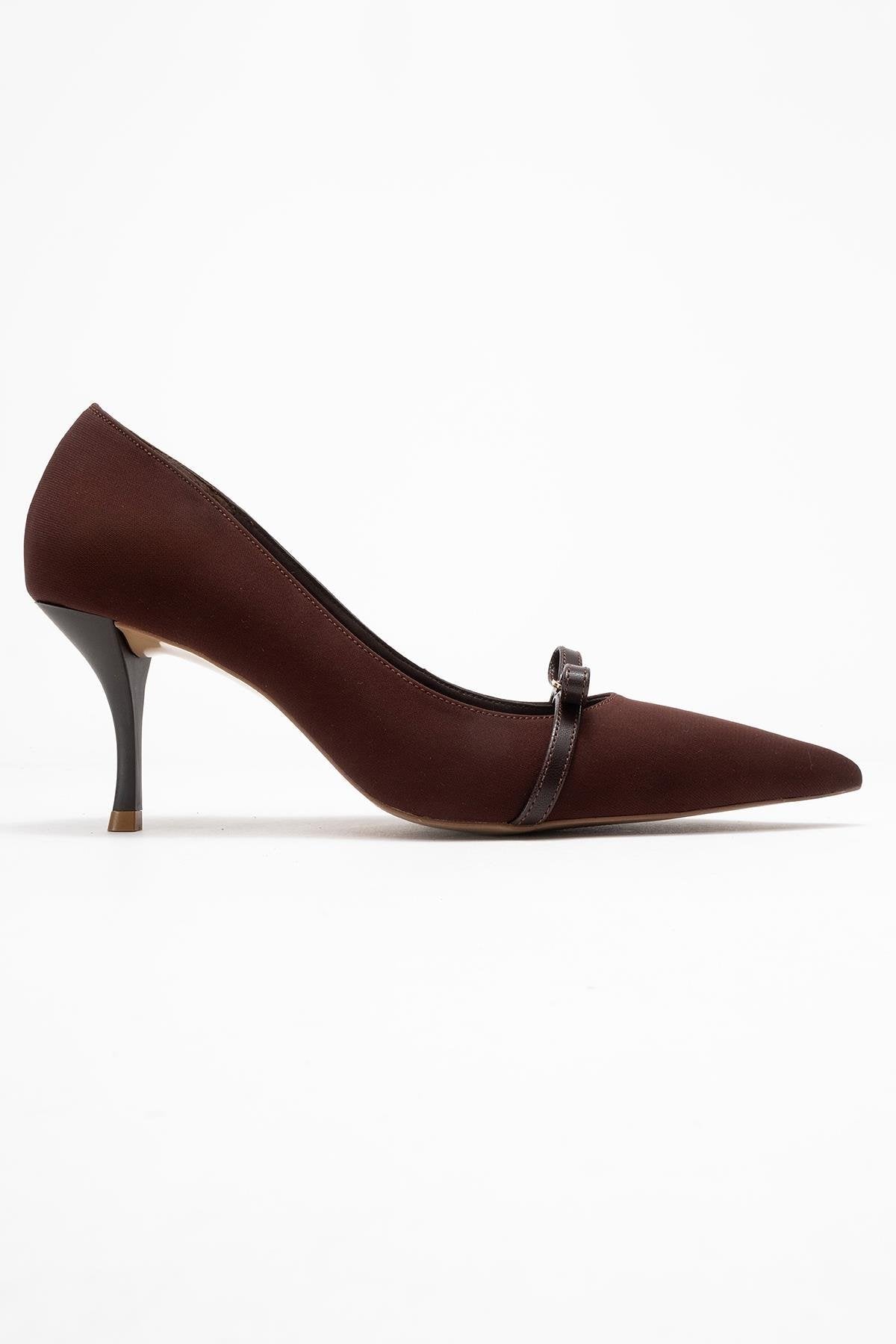 Annie - Brown Bow Heeled Shoe – top view showing bow, leather, SimmiUnique