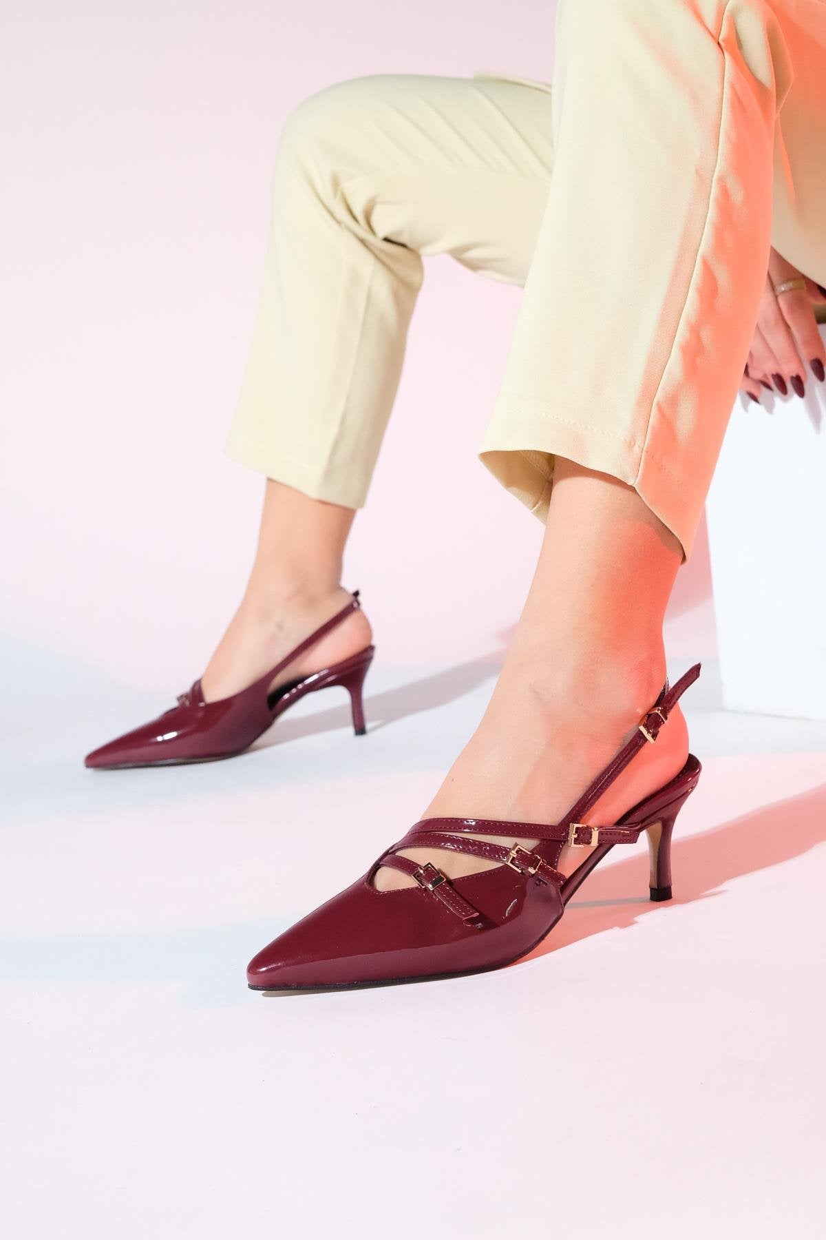 Magra Burgundy Patent Pointed-Toe Slingback Stiletto – front three-quarter view showing leather, red, SimmiUnique