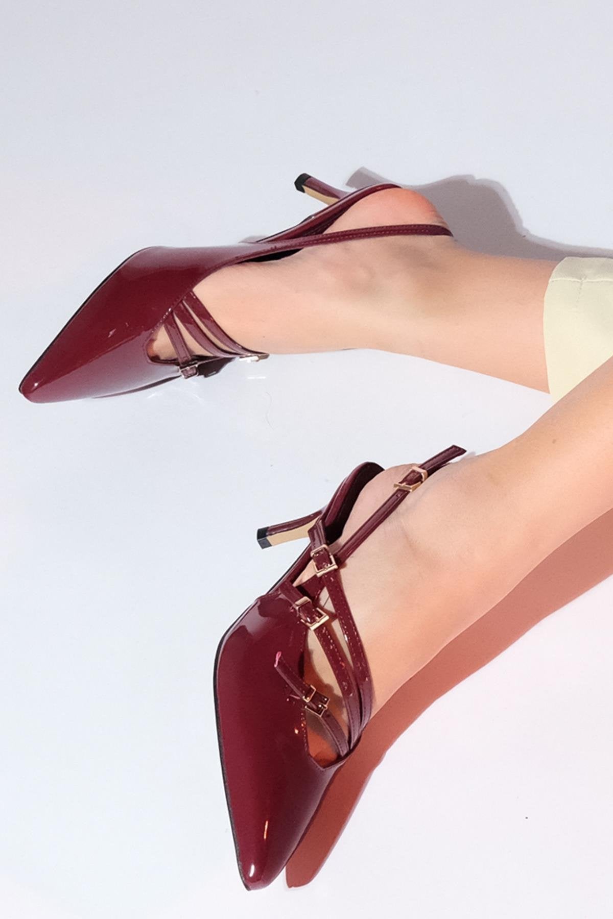 Magra Burgundy Patent Pointed-Toe Slingback Stiletto – heel view showing leather, red, SimmiUnique