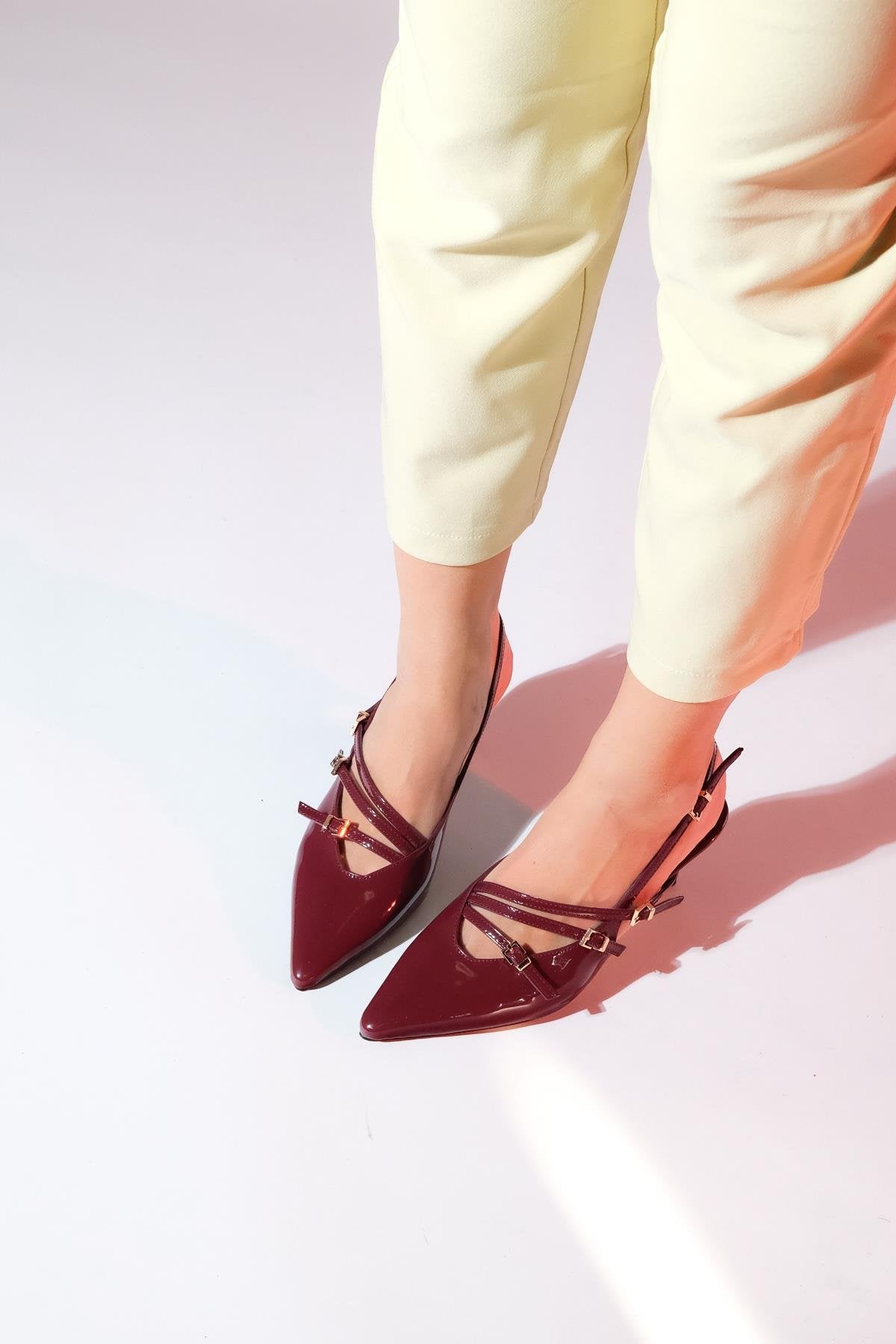 Magra Burgundy Patent Pointed-Toe Slingback Stiletto – top view showing leather, red, SimmiUnique