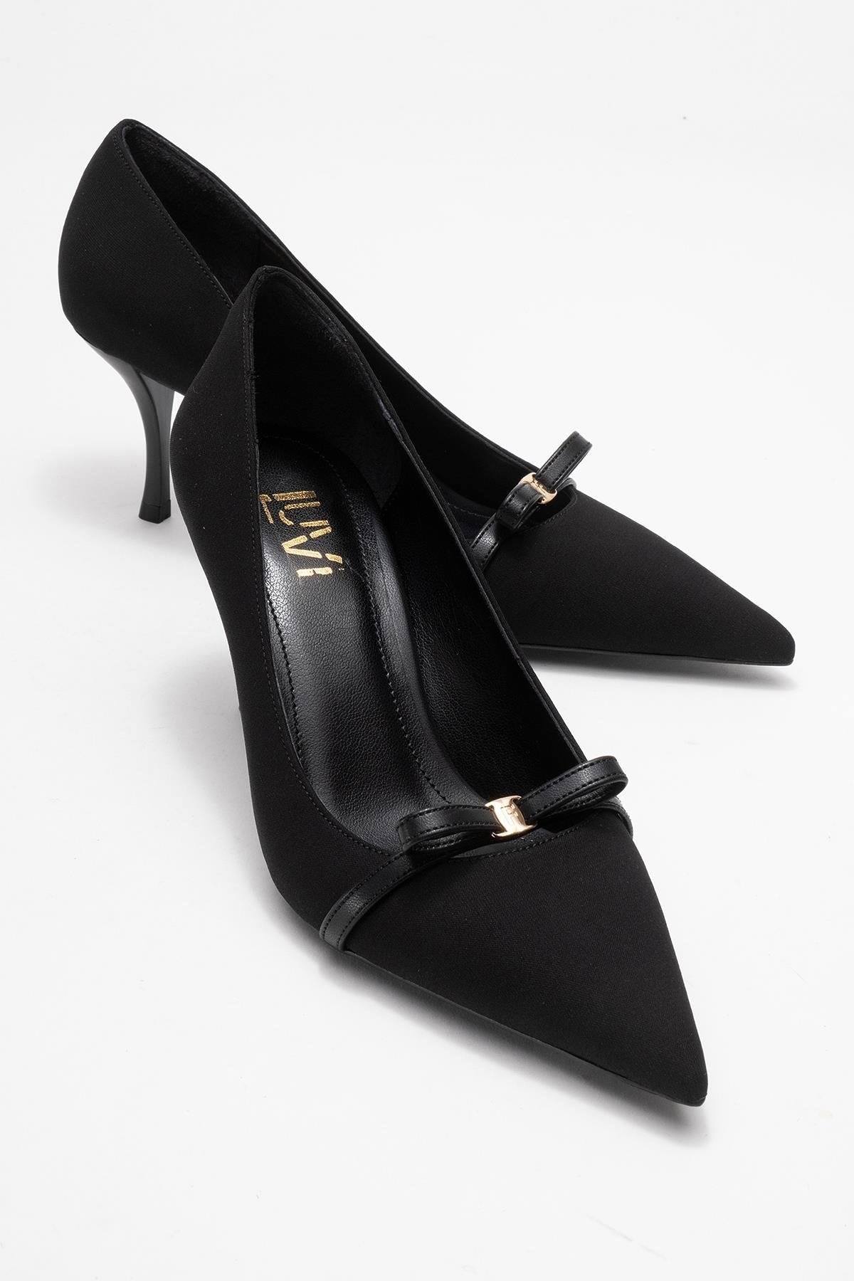 Annie - Black Bow Heeled Shoe – front three-quarter view showing bow, leather, black, SimmiUnique
