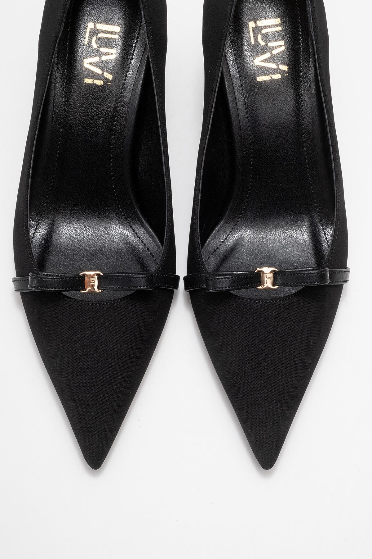 Annie - Black Bow Heeled Shoe – side view showing bow, leather, black, SimmiUnique