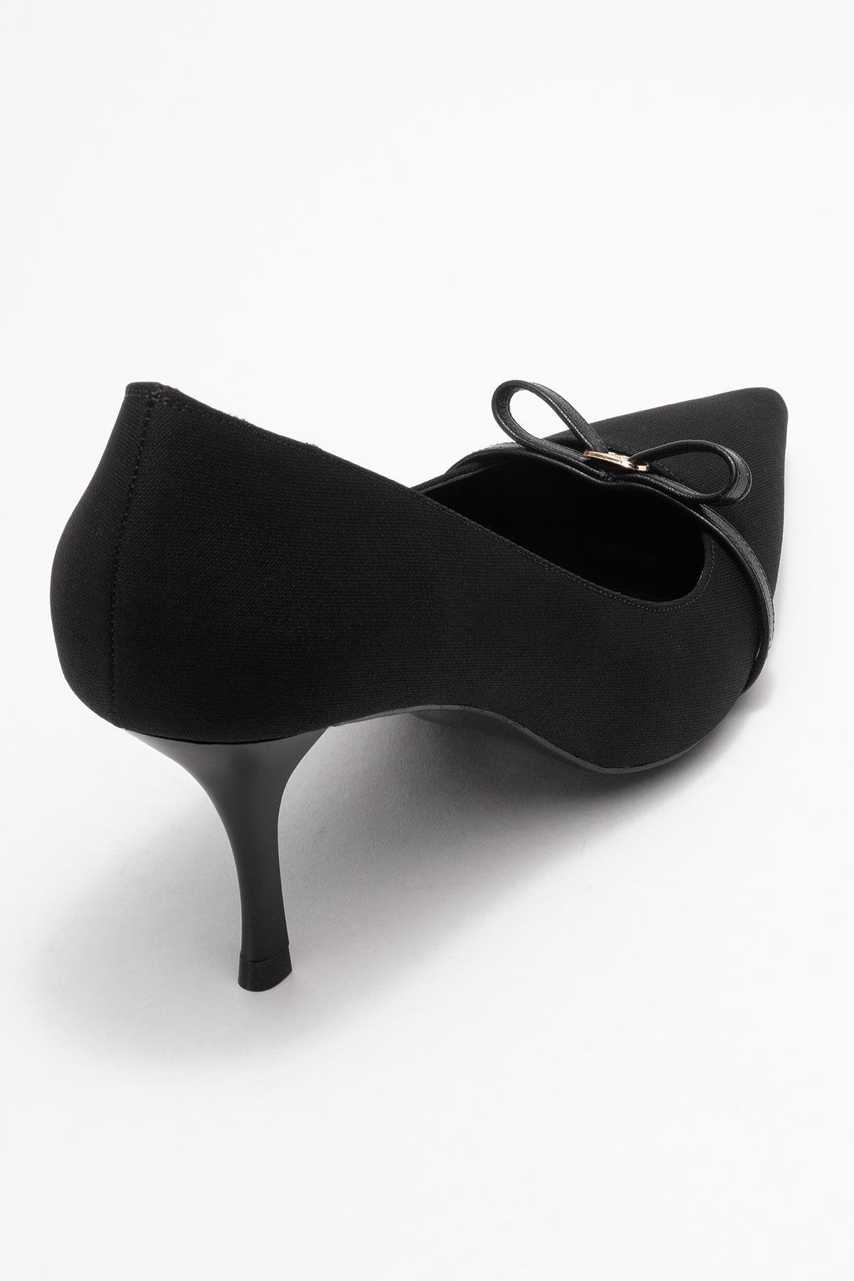 Annie - Black Bow Heeled Shoe – back view showing bow, leather, black, SimmiUnique