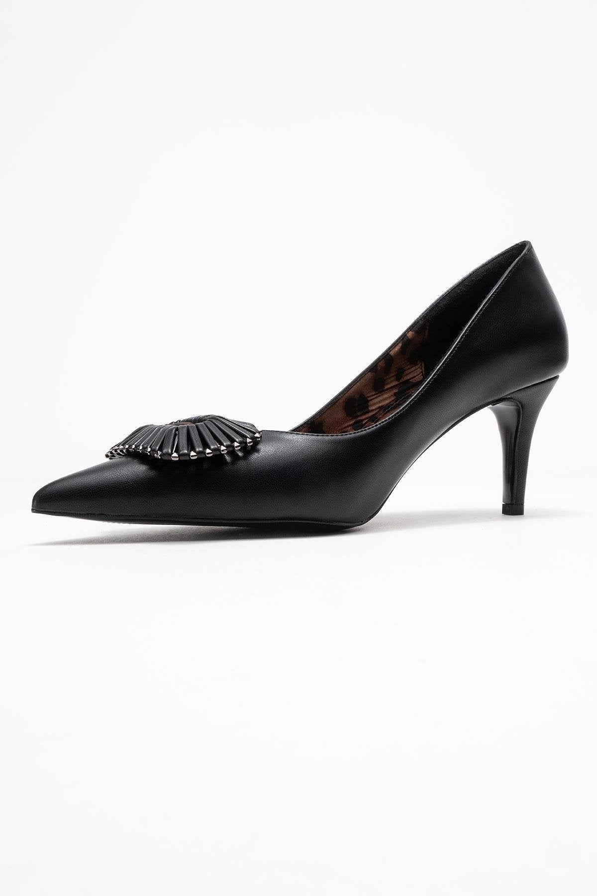 Great - Black Buckle Heeled Shoe – heel view showing leather, black, SimmiUnique