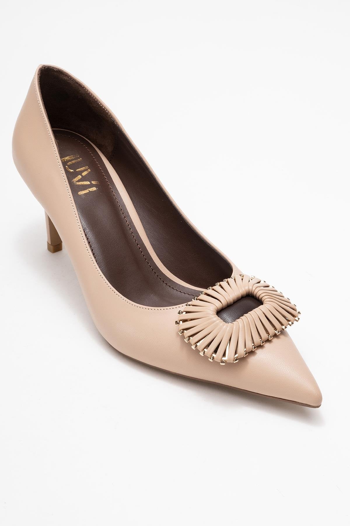 Great - Beige Brown Buckle Heeled Shoe – detail view showing leather, SimmiUnique