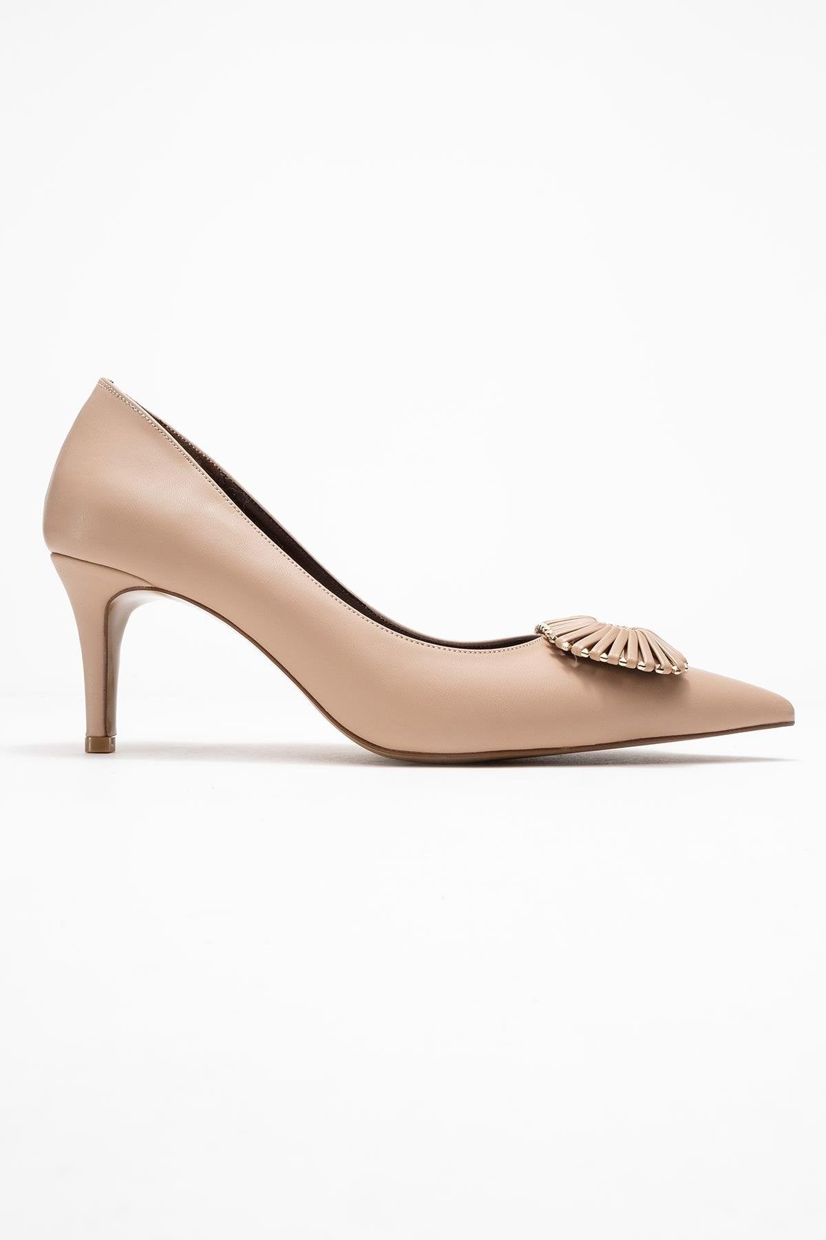 Great - Beige Brown Buckle Heeled Shoe – top view showing leather, SimmiUnique