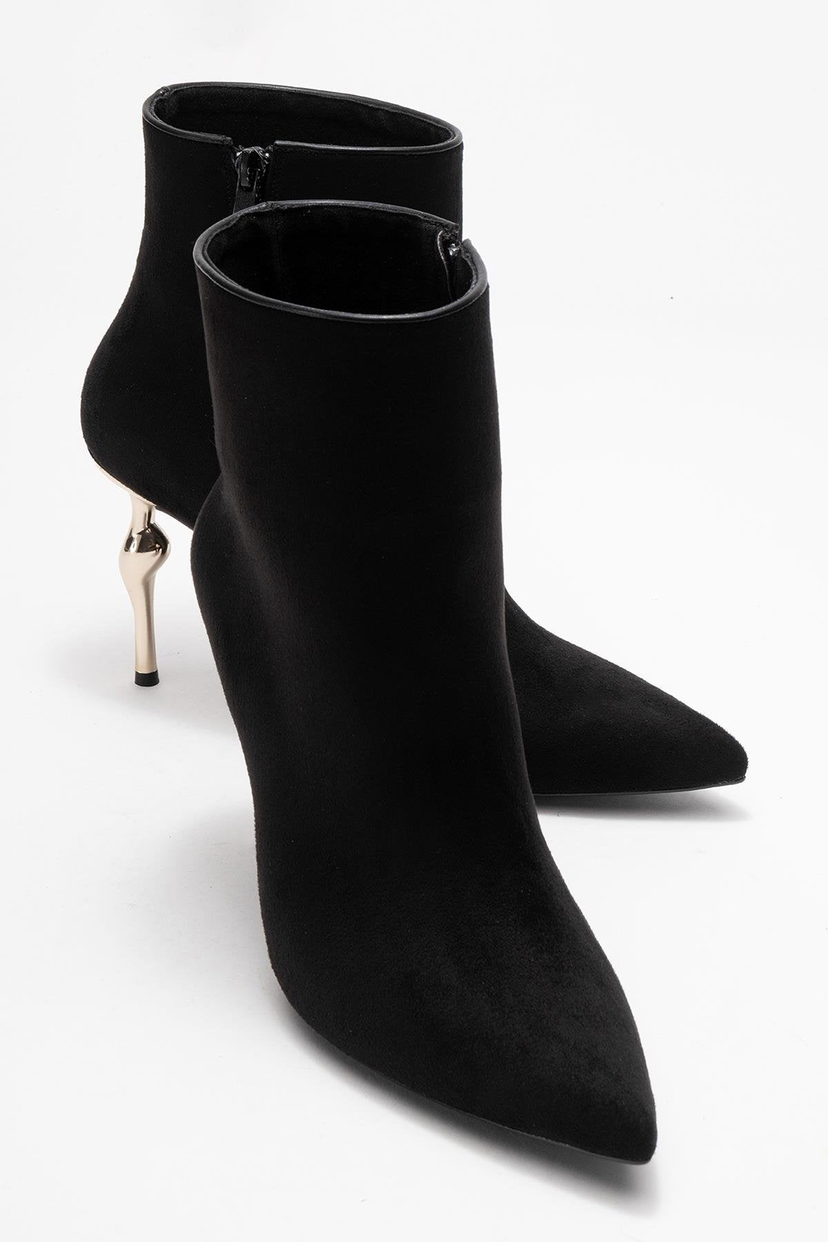 Crista - Black Pointed Toe Heeled Boot – front three-quarter view showing suede, black, SimmiUnique