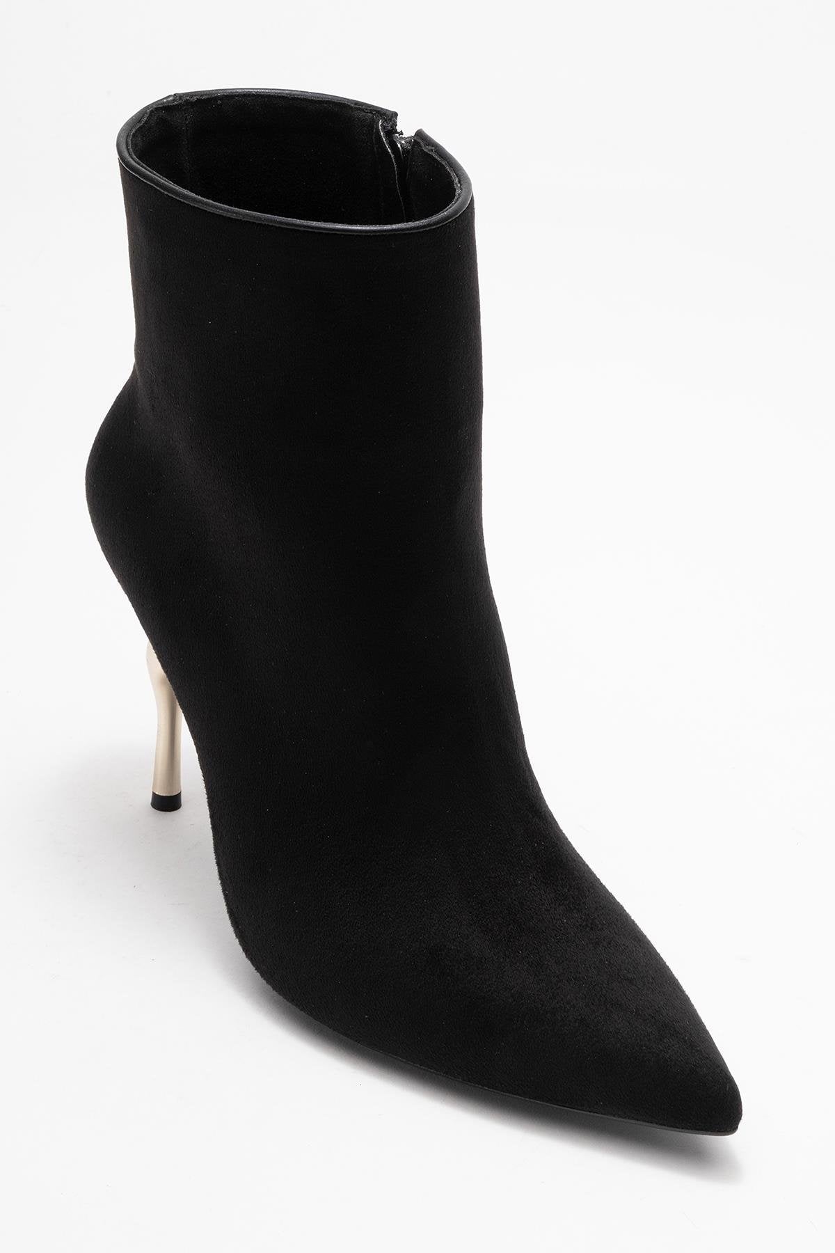 Crista - Black Pointed Toe Heeled Boot – detail view showing suede, black, SimmiUnique