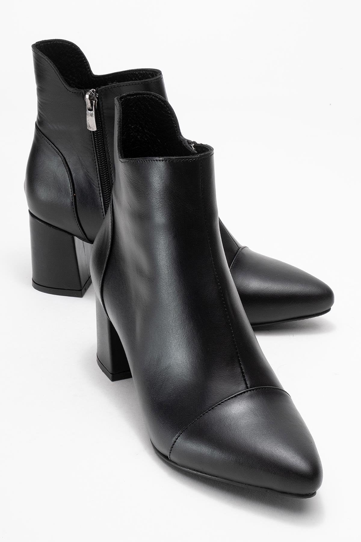 Gael - Black Genuine Leather Block Heel Ankle Boot – front three-quarter view showing leather, black, SimmiUnique
