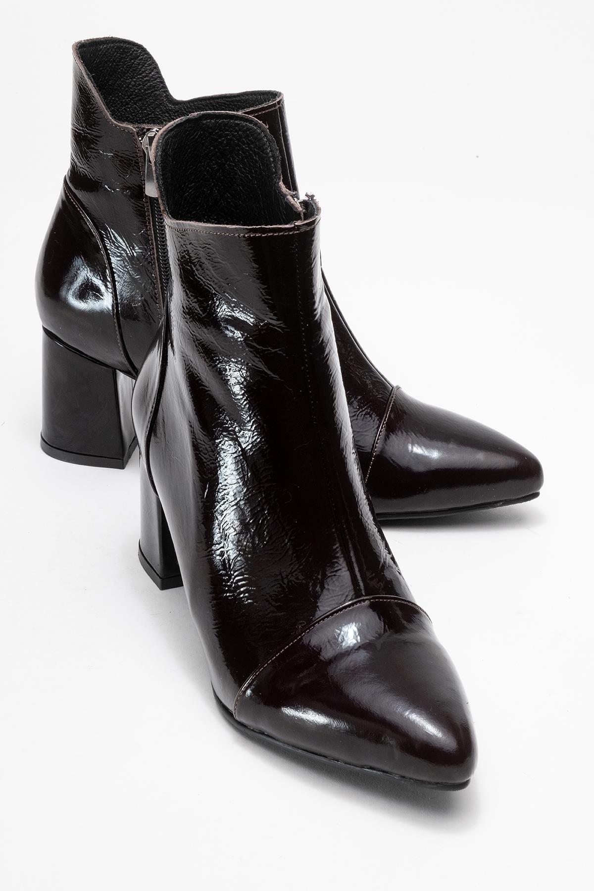 Gael - Dark Brown Patent Genuine Leather Block Heel Ankle Boot – front three-quarter view showing leather, red, SimmiUnique
