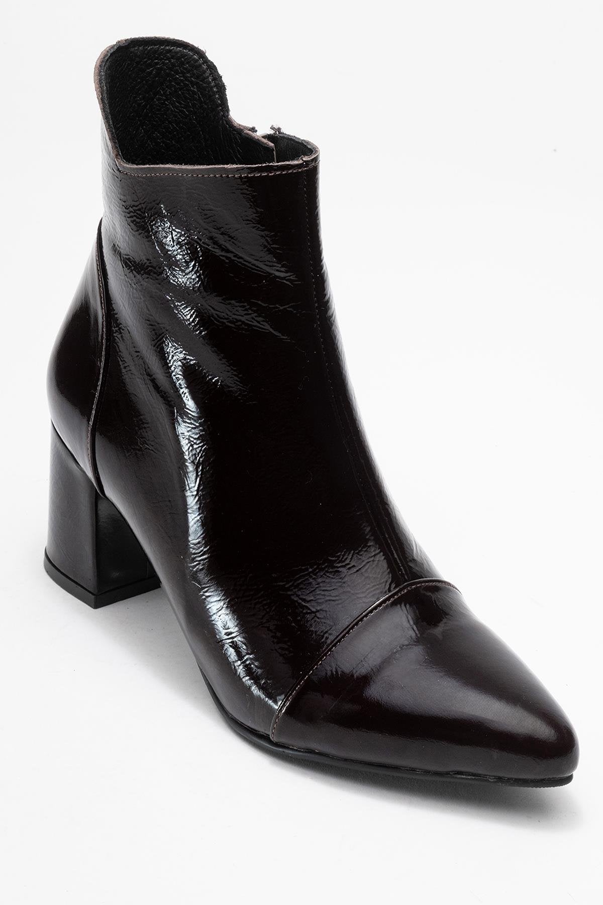 Gael - Dark Brown Patent Genuine Leather Block Heel Ankle Boot – detail view showing leather, red, SimmiUnique