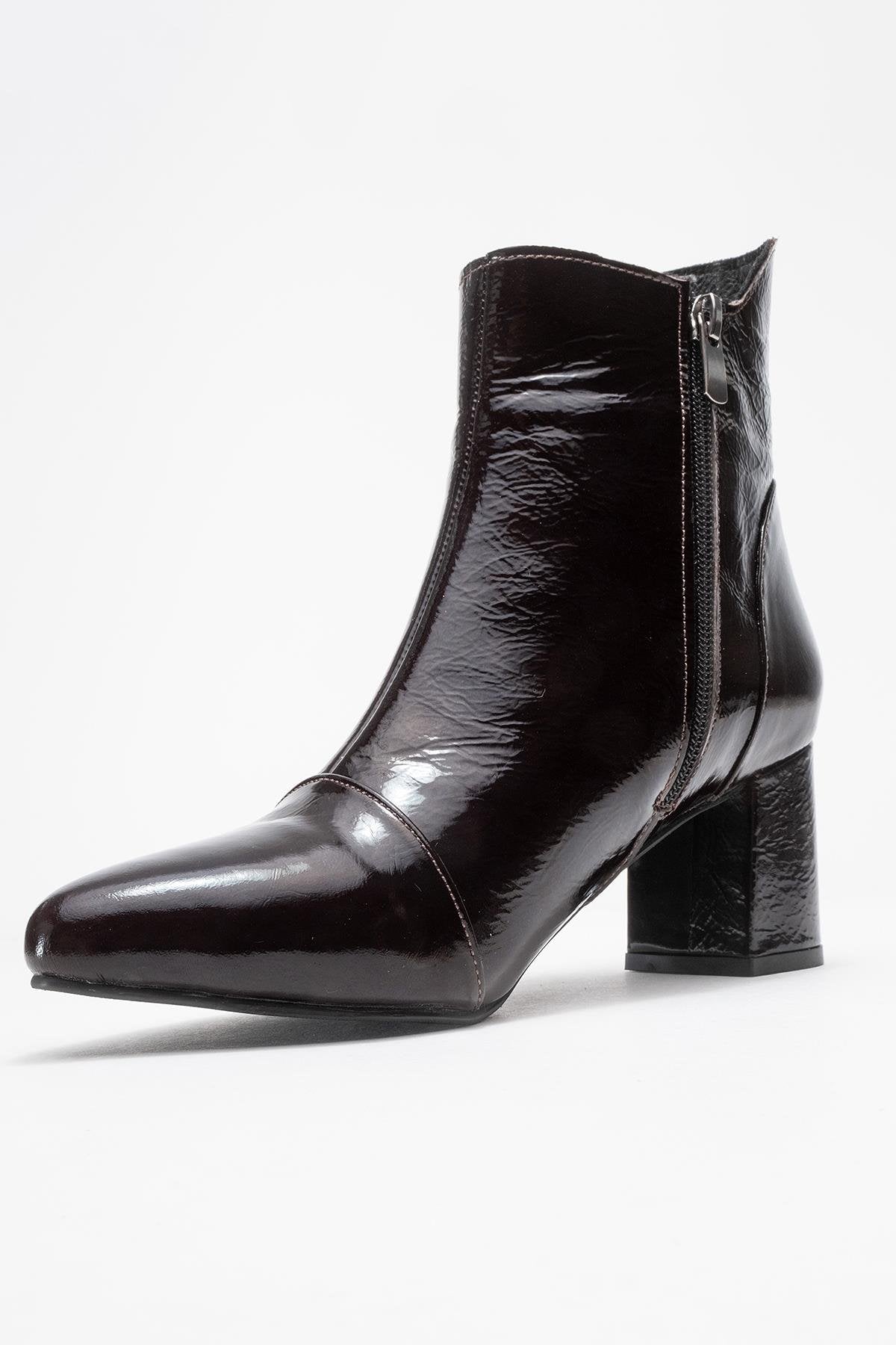 Gael - Dark Brown Patent Genuine Leather Block Heel Ankle Boot – heel view showing leather, red, SimmiUnique