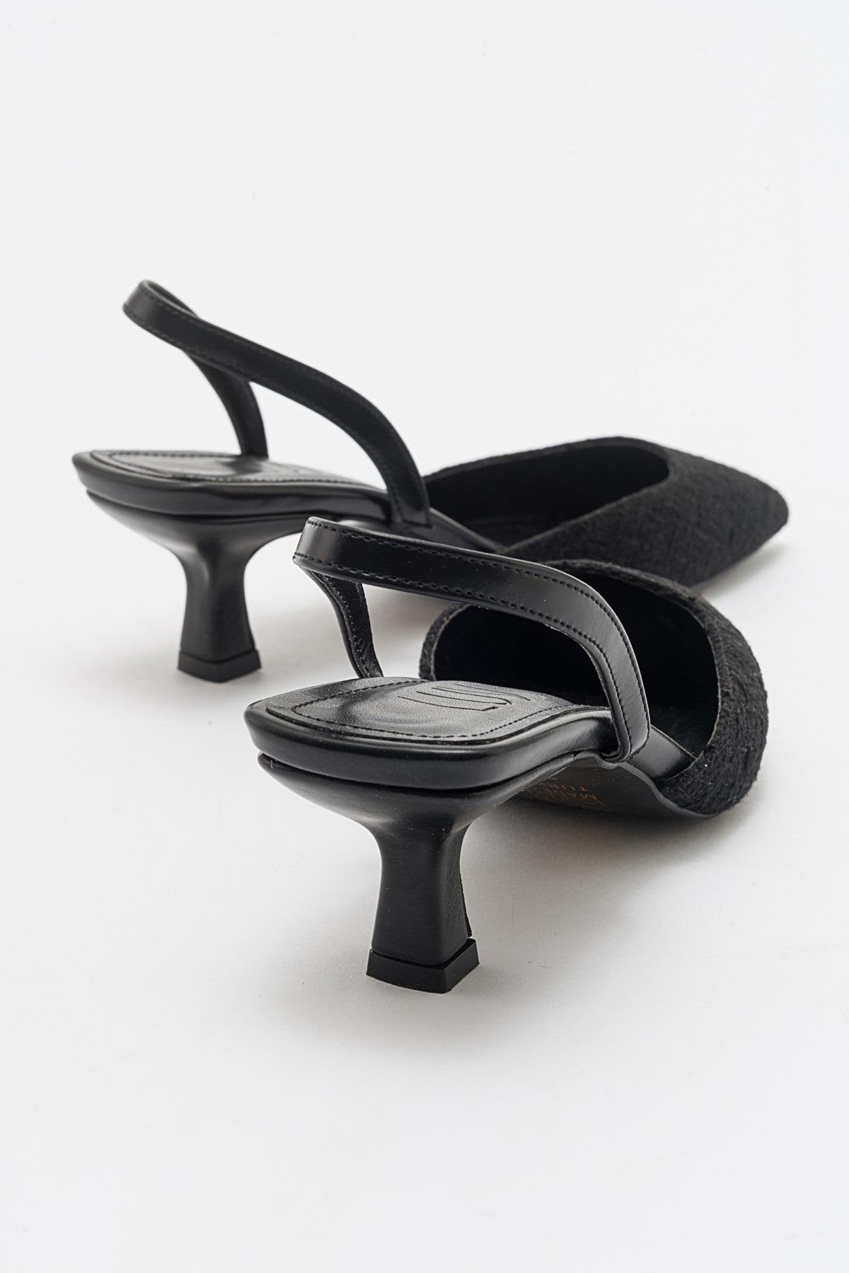 Over - Black Tweed Pointed Toe Low Heel Shoe – side view showing leather, black, SimmiUnique
