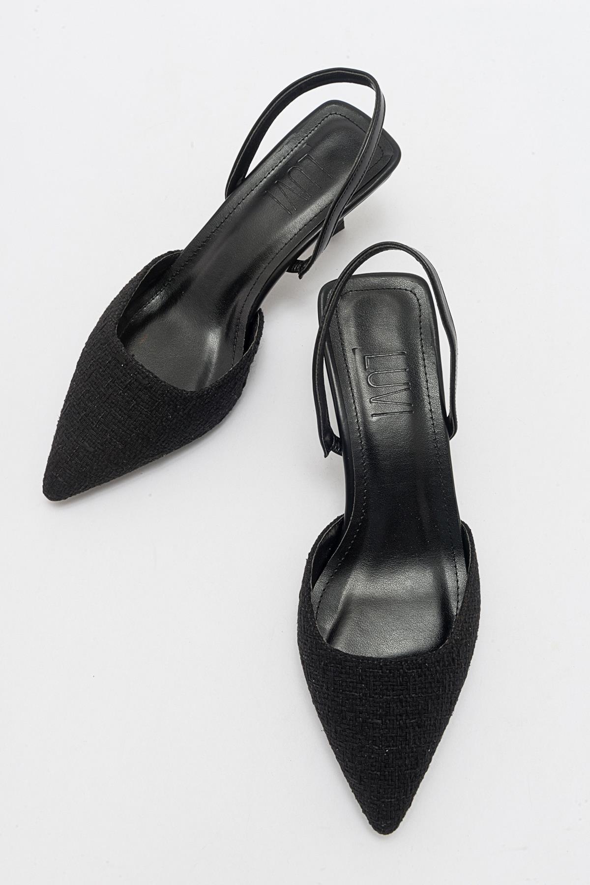Over - Black Tweed Pointed Toe Low Heel Shoe – detail view showing leather, black, SimmiUnique