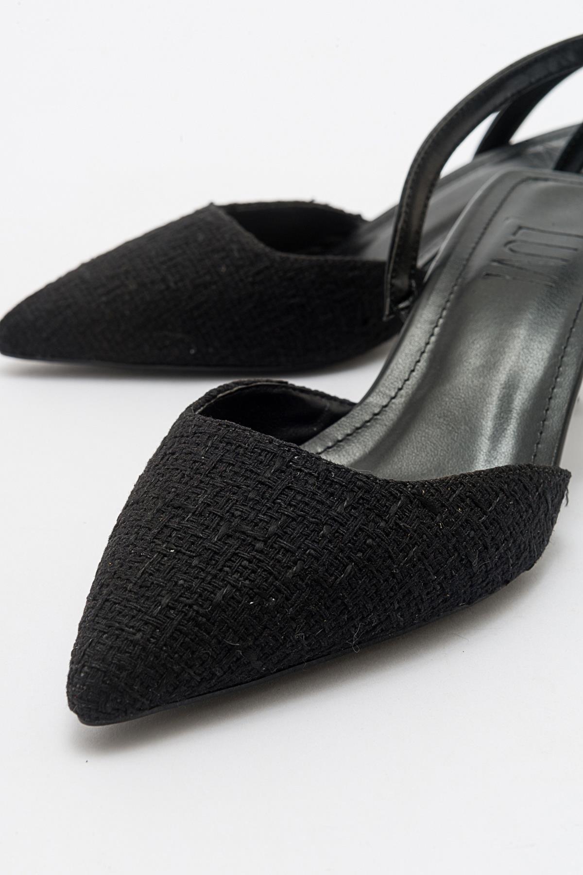 Over - Black Tweed Pointed Toe Low Heel Shoe – heel view showing leather, black, SimmiUnique