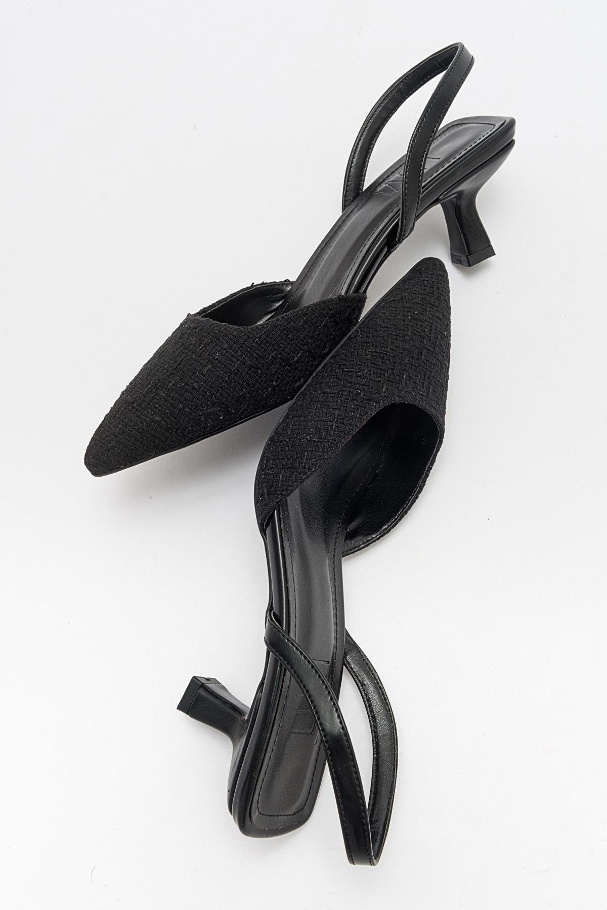 Over - Black Tweed Pointed Toe Low Heel Shoe – back view showing leather, black, SimmiUnique