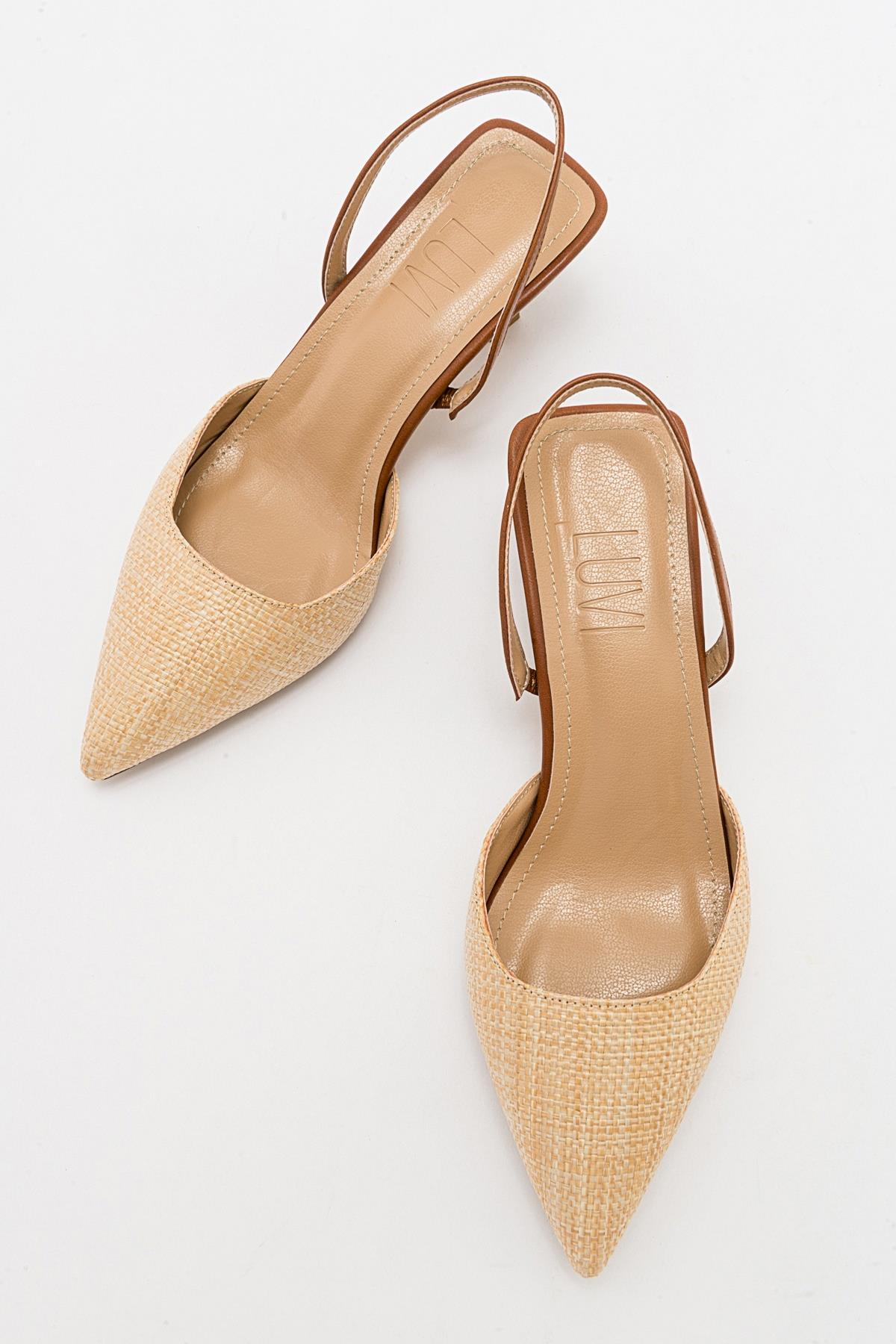 Over - Beige/Tan Pointed Toe Low Heel Shoe – detail view showing leather, SimmiUnique