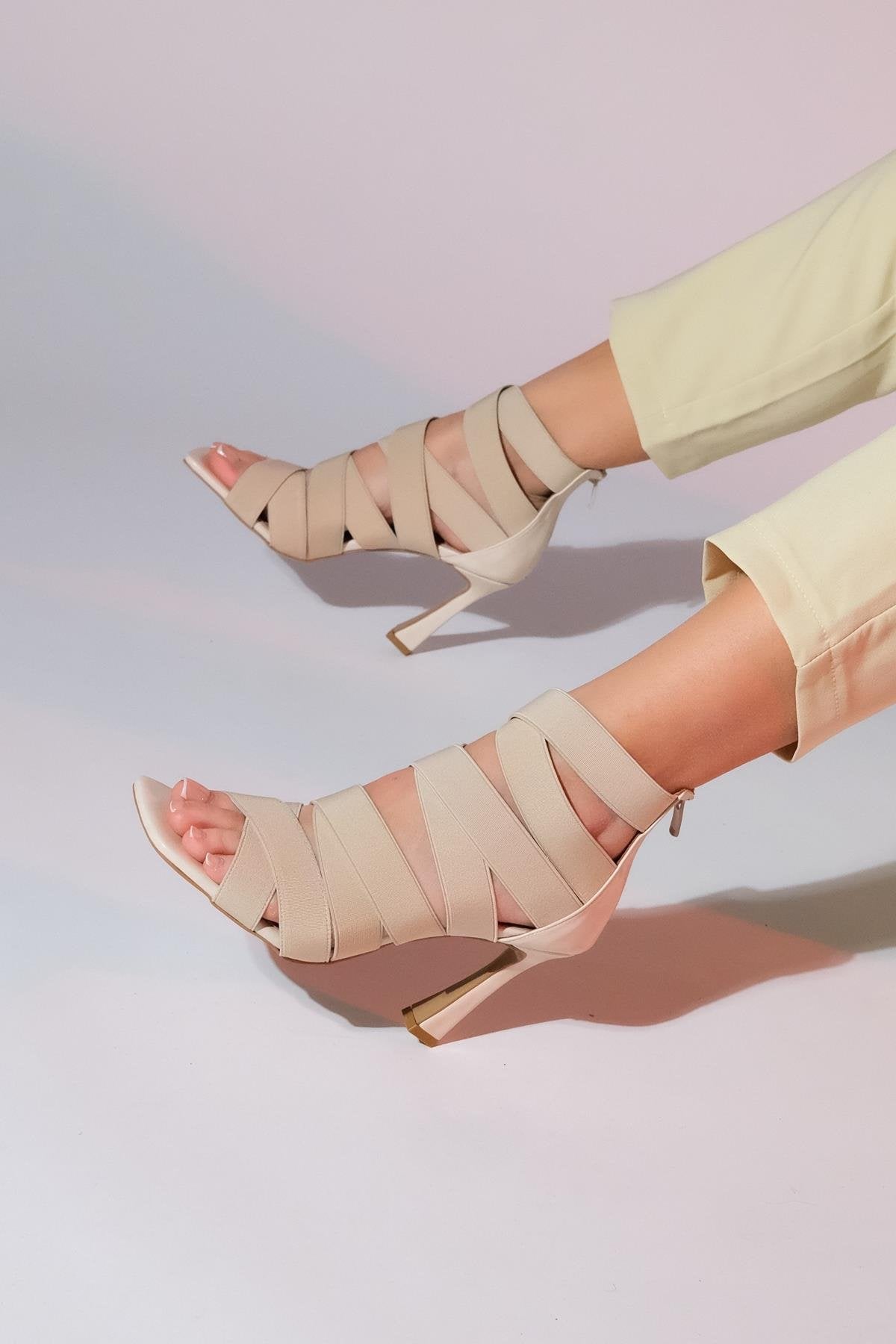 Vejle - Beige Open-Toe Stiletto – heel view showing leather, SimmiUnique