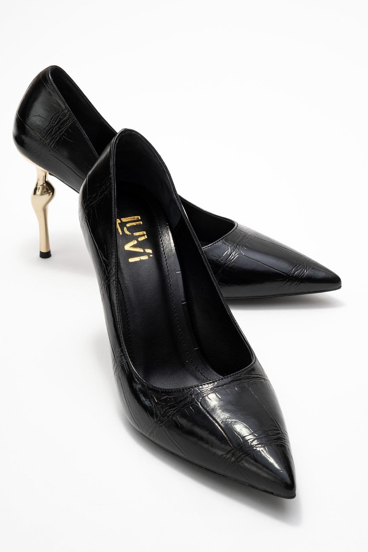 Hudson - Black Stiletto Heel Shoe – front three-quarter view showing leather, black, SimmiUnique