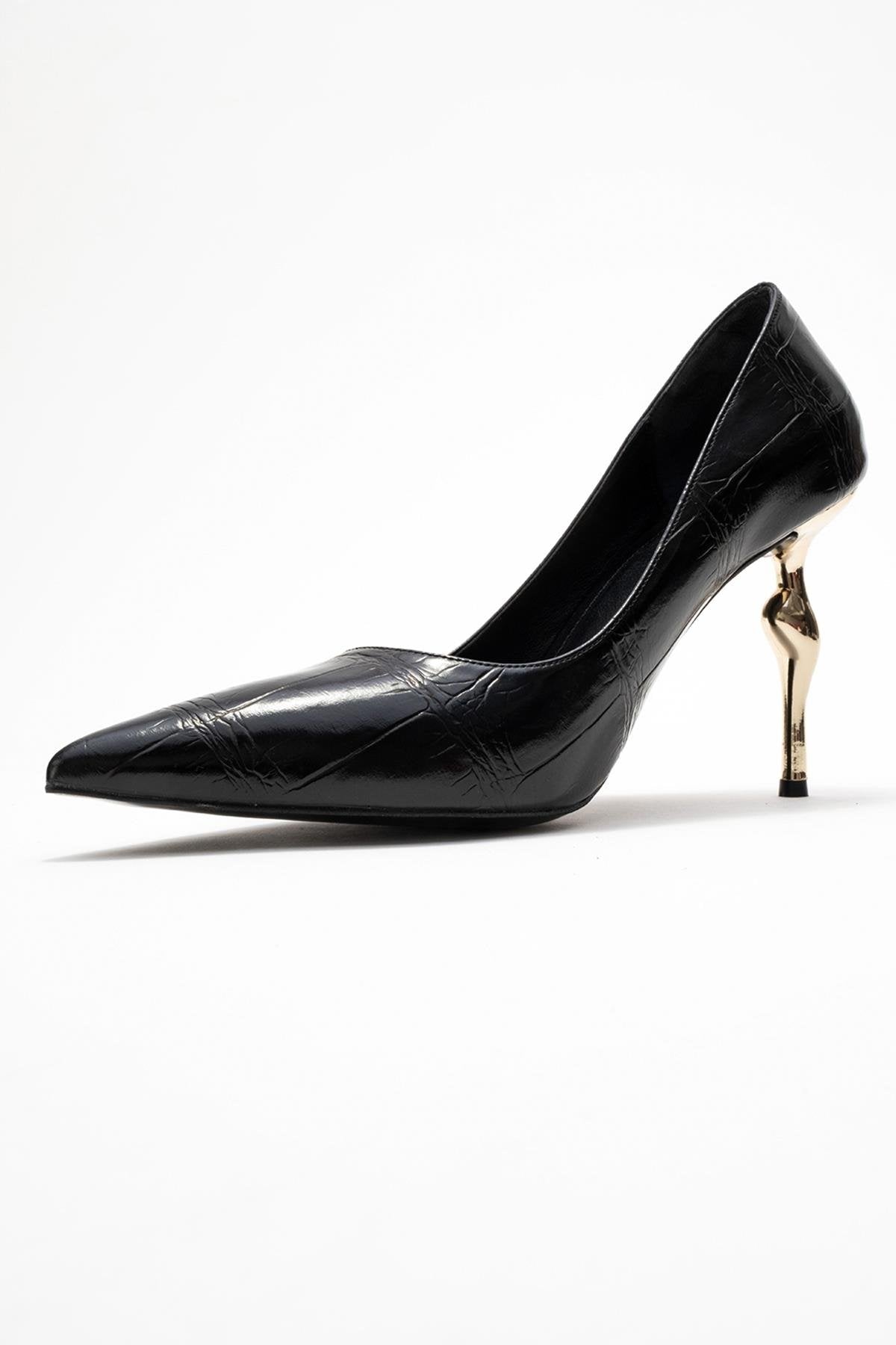 Hudson - Black Stiletto Heel Shoe – heel view showing leather, black, SimmiUnique