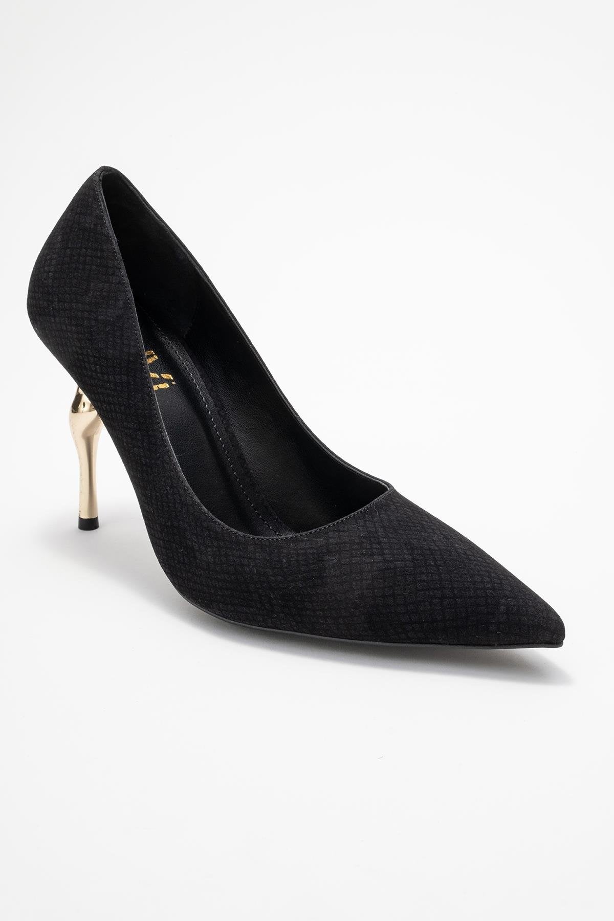 Hudson - Black Patterned Pump – detail view showing leather, metallic, black, SimmiUnique