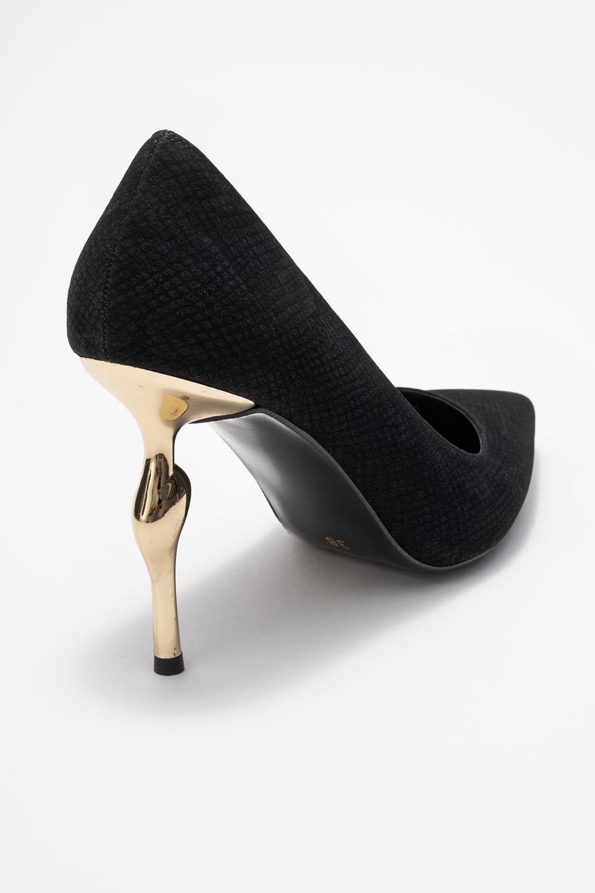 Hudson - Black Patterned Pump – back view showing leather, metallic, black, SimmiUnique
